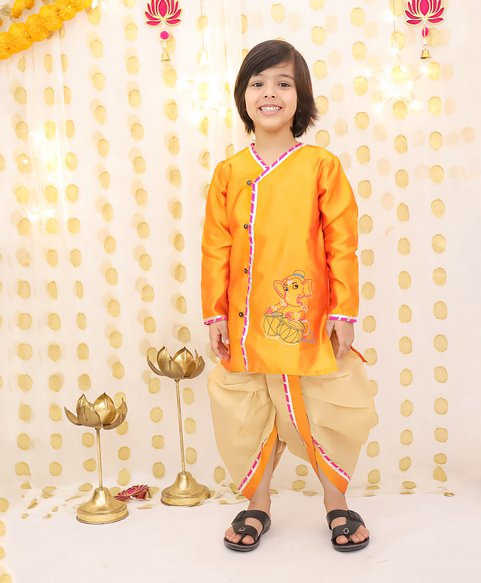 BownBee Tafetta Woven Full Sleeves Ganesha Embroidered Kurta Dhoti Set - Orange-picture-28