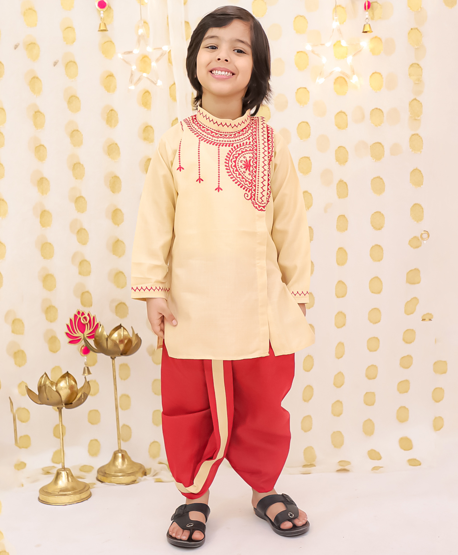 BownBee Linen Woven Full Sleeves Abstract Embroidered Bengali Style Dhoti Kurta Set - Beige-picture-31