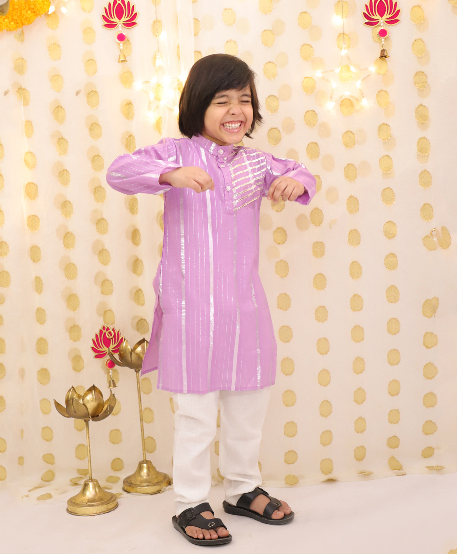 BownBee Pure Cotton Woven Full Sleeves Foil Striped Kurta Pyjama Set - Lilac-picture-12