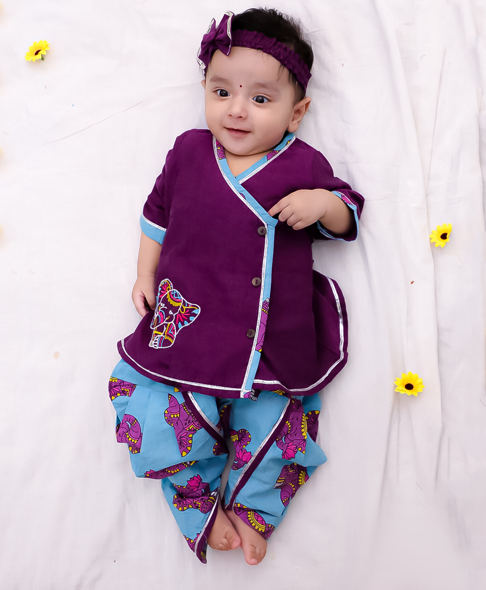BownBee Cotton Woven Three Fourth Sleeves Elephant Embroidered Gota Lace Embellished Kurti & Dhoti With Headband Set - Purple-picture-12