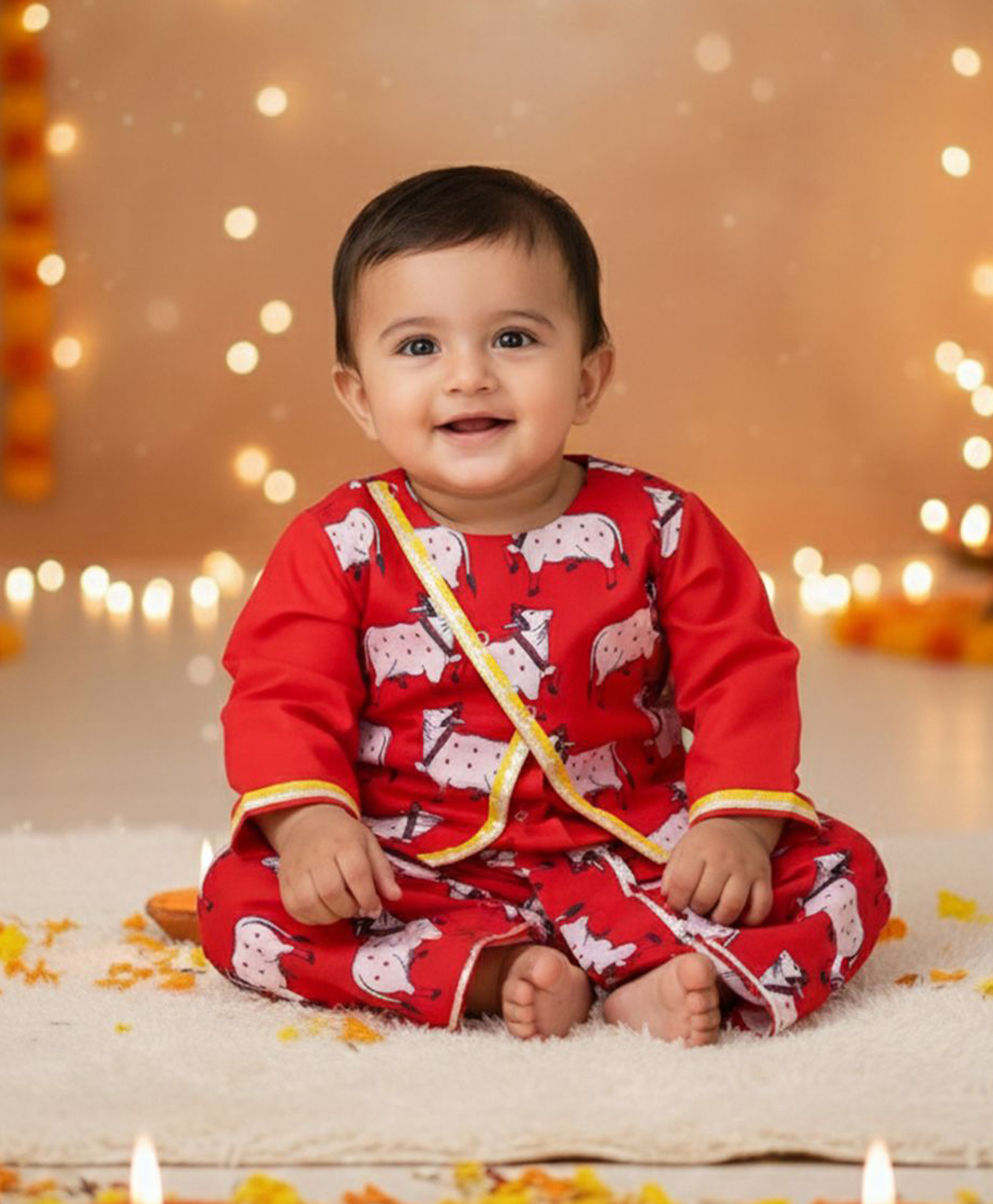 BownBee Cotton Woven Full Sleeves Cows Printed Lace Embellished Kurta Dhoti With Jacket Set - Red-picture-28