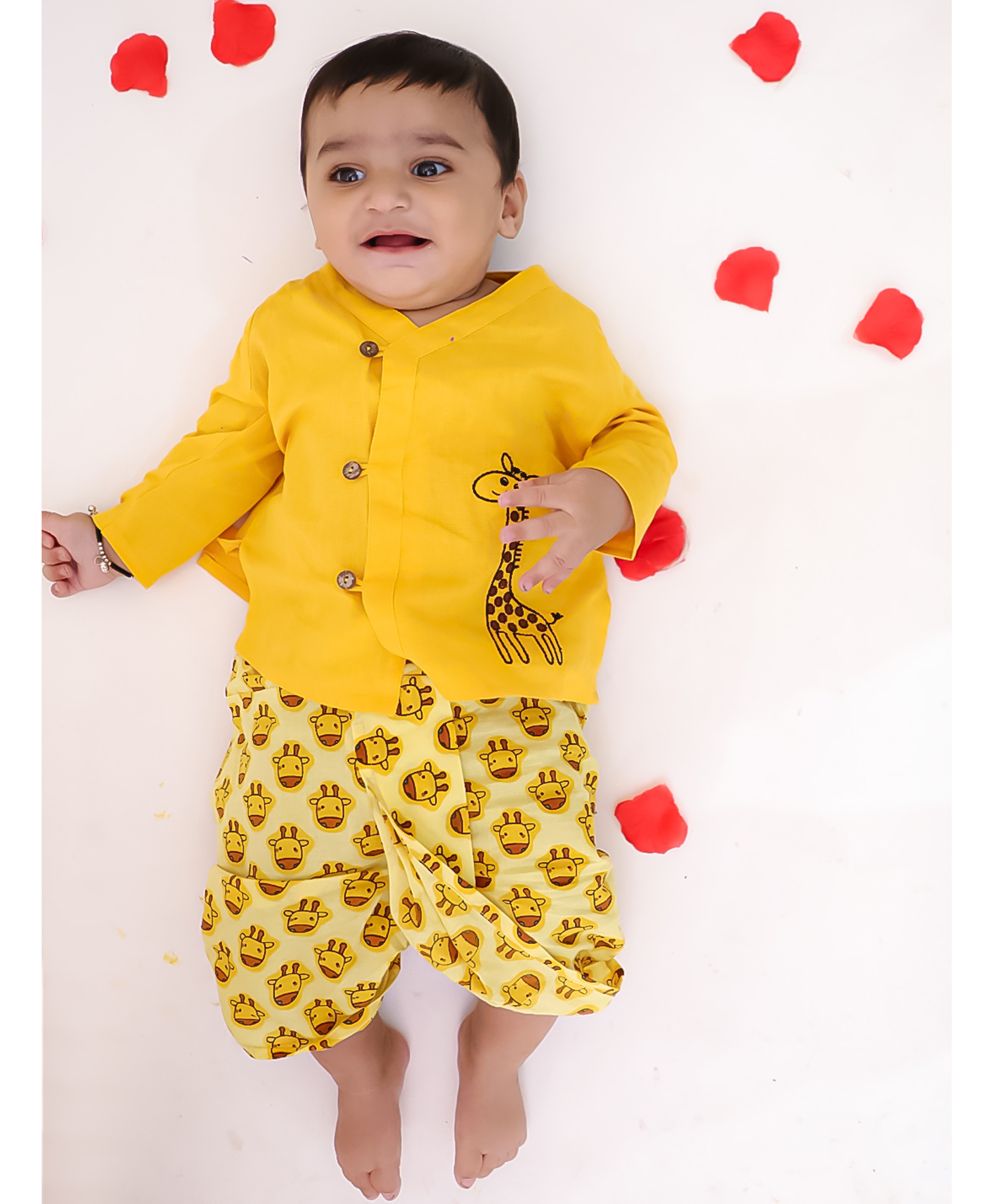 BownBee Cotton Woven Full Sleeves Giraffe Embroidered Kurta Dhoti Set - Yellow-picture-26