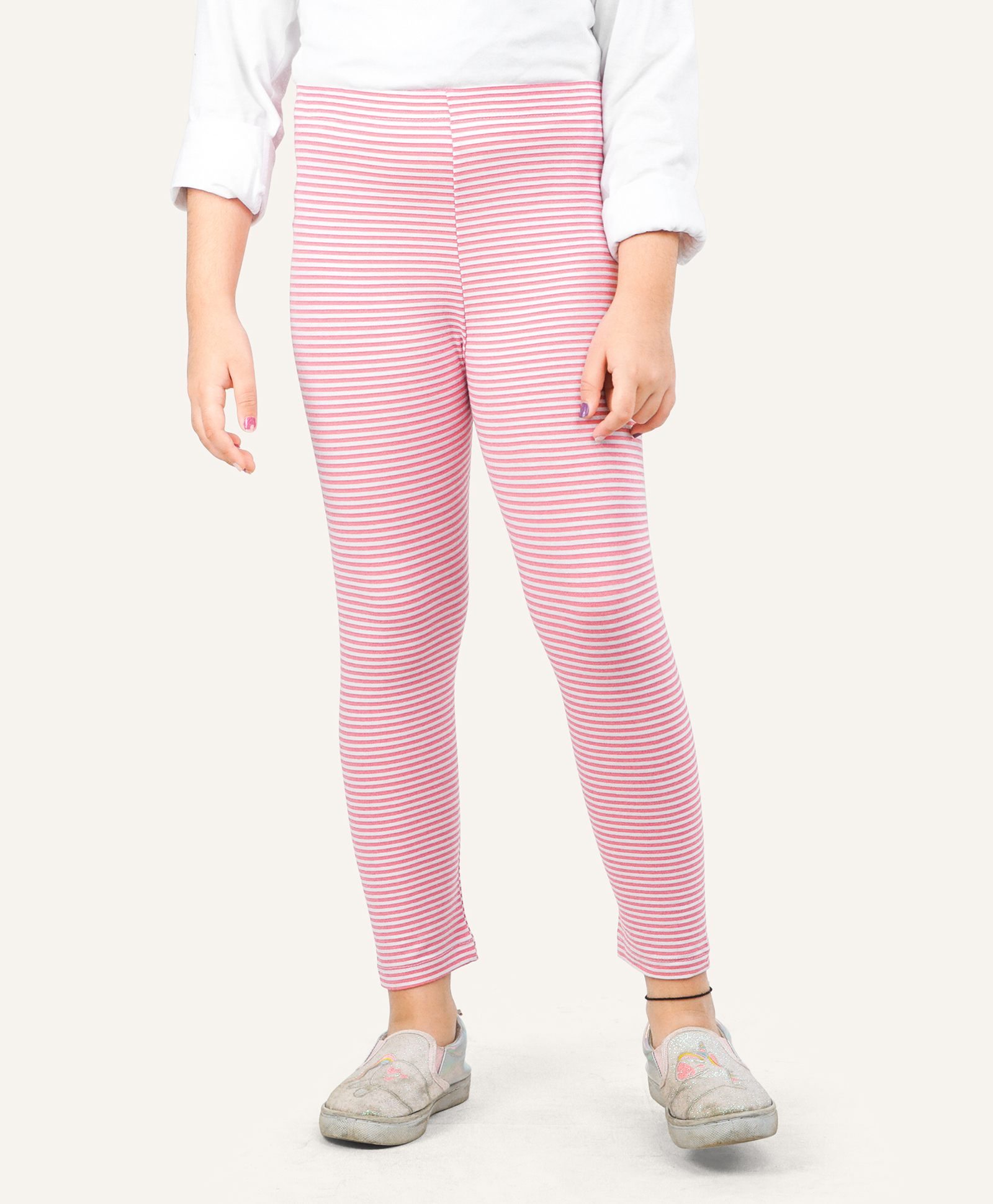 Ariel Cotton Knit Striped Leggings - White & Pink-image-1
