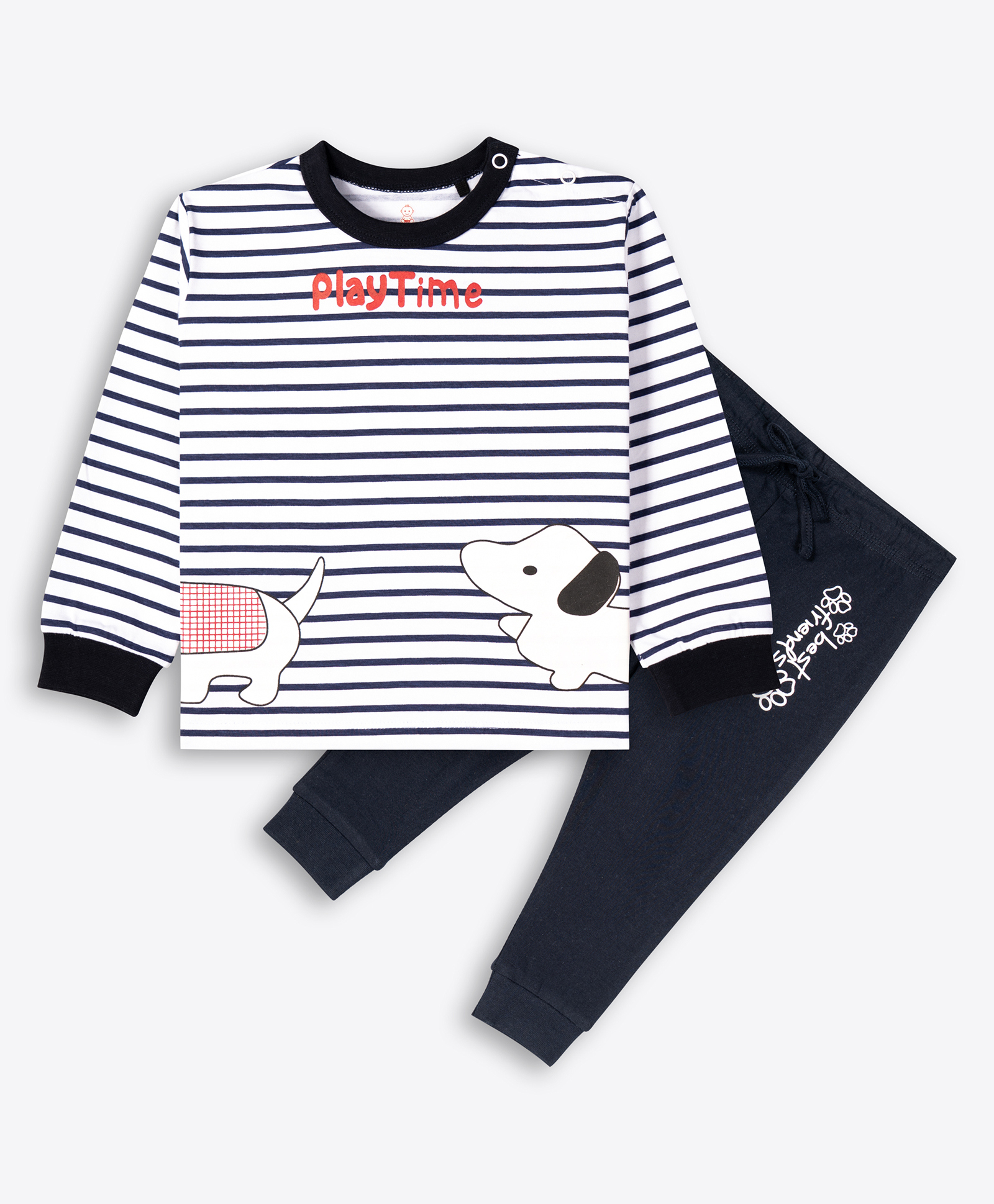 Ariel Cotton Knit Full Sleeves Animal Printed & Striped Tee With Pant Set - White & Navy Blue-picture-32