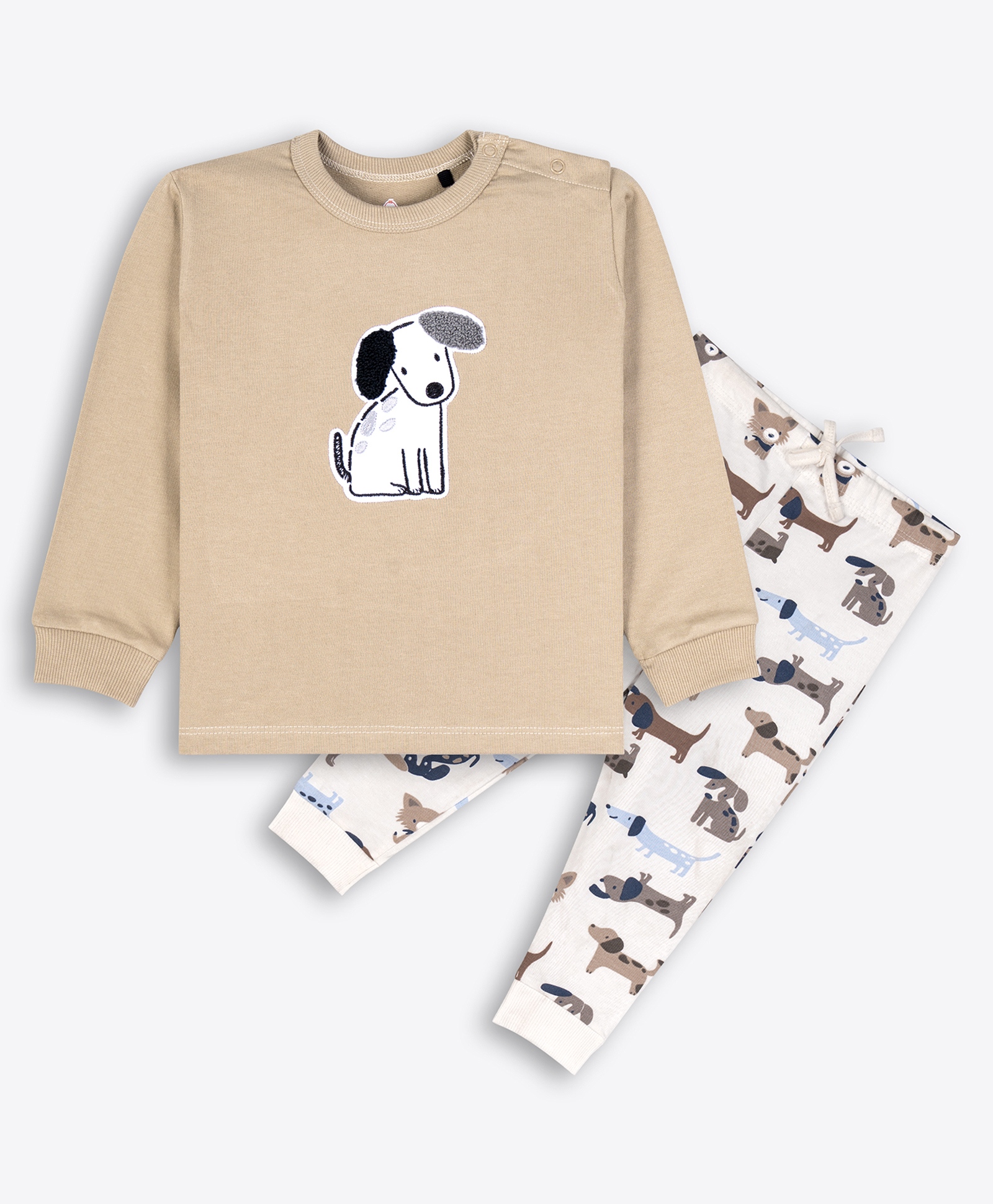 Ariel Cotton Knit Full Sleeves Dog Patch Detailed Tee With Pant Set - Beige & Cream-image-21