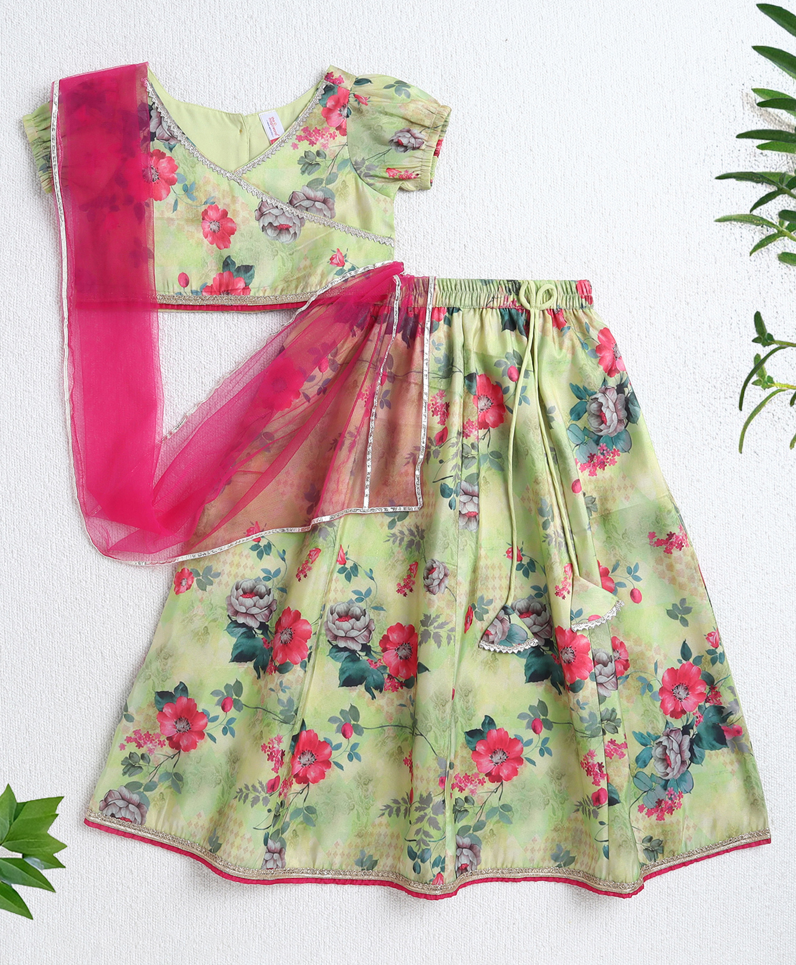 The Magic Wand Woven Half Puffed Slevees Floral Printed Gota Lace Embellished Lehenga Choli With Dupatta Set - Green-picture-29