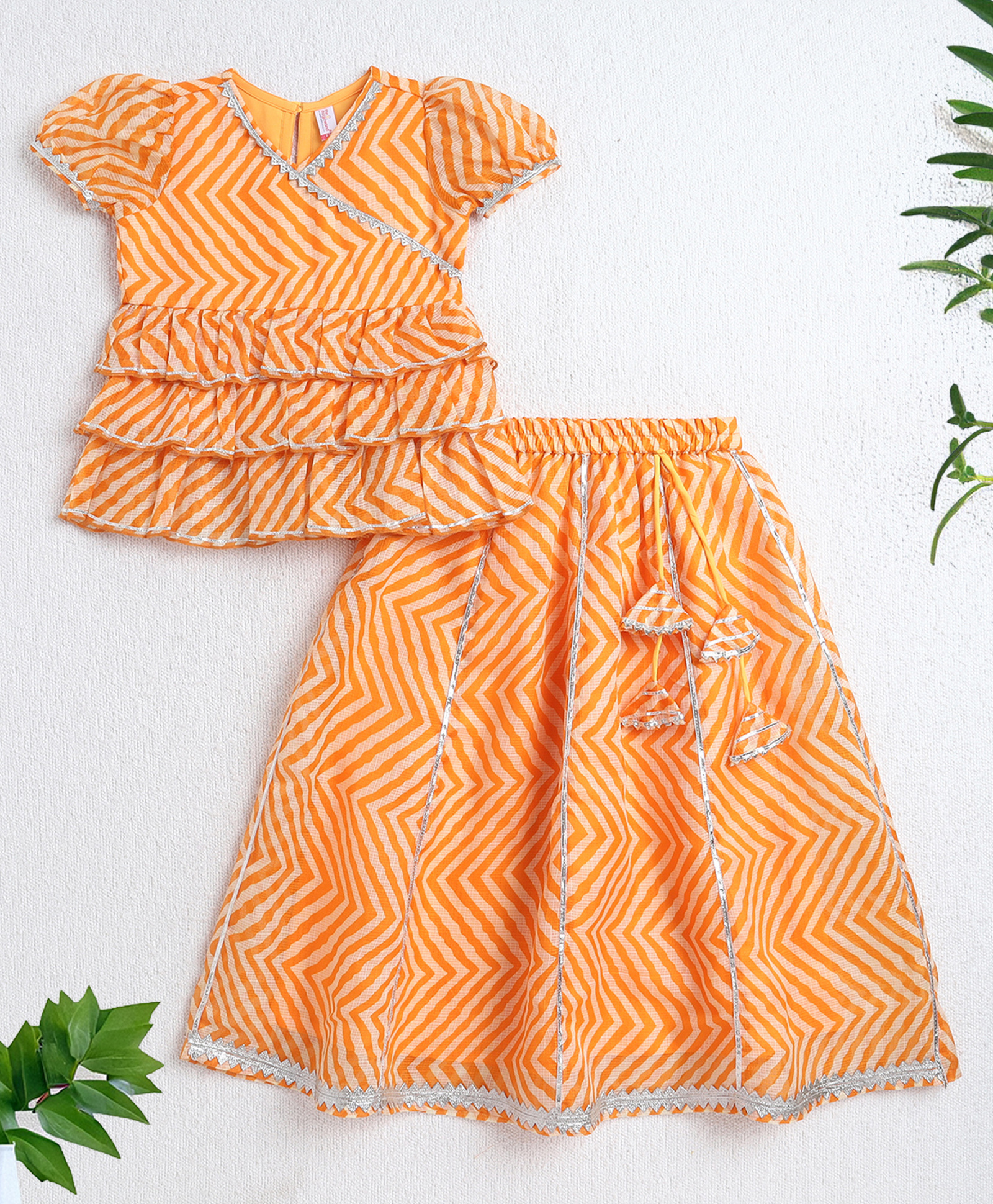 The Magic Wand Woven Cap Slevees Chevron Printed Gota Lace Embellished Lehenga Choli Set - Orange-picture-39
