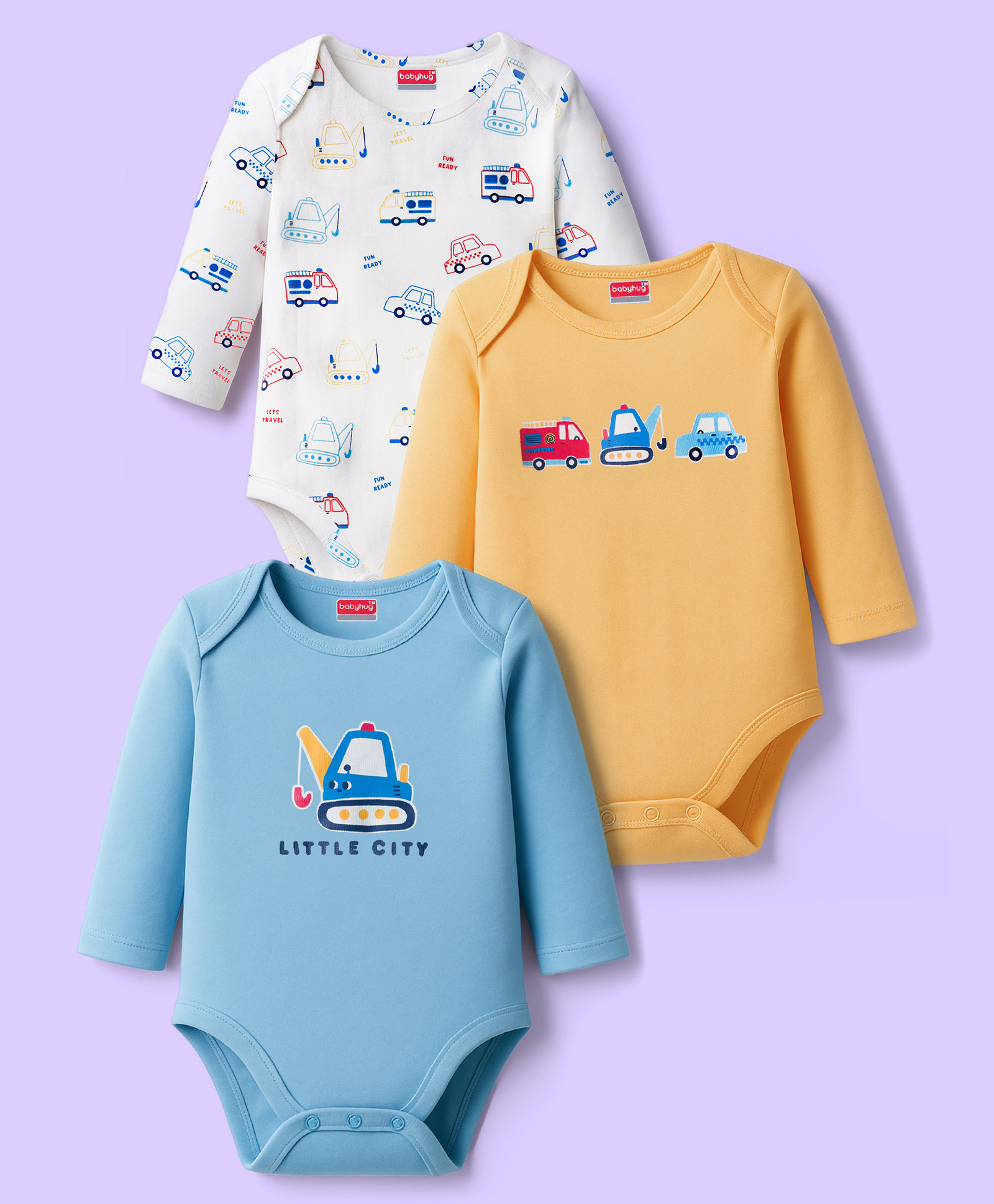 Babyhug 100% Cotton Interlock Knit Onesies With Vehicle Print Pack Of 3 - Yellow White & Blue-image-48