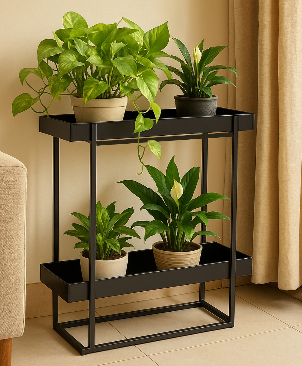 Ecofynd Ewan Plant Stands for Outdoor Balcony, Flower Pot Stand for Indoor Plants, Metal Planter Stand for Living Room, home decor, Indoor & Outdoor plants, 2 Tier, (PS046-BLK)-image-12