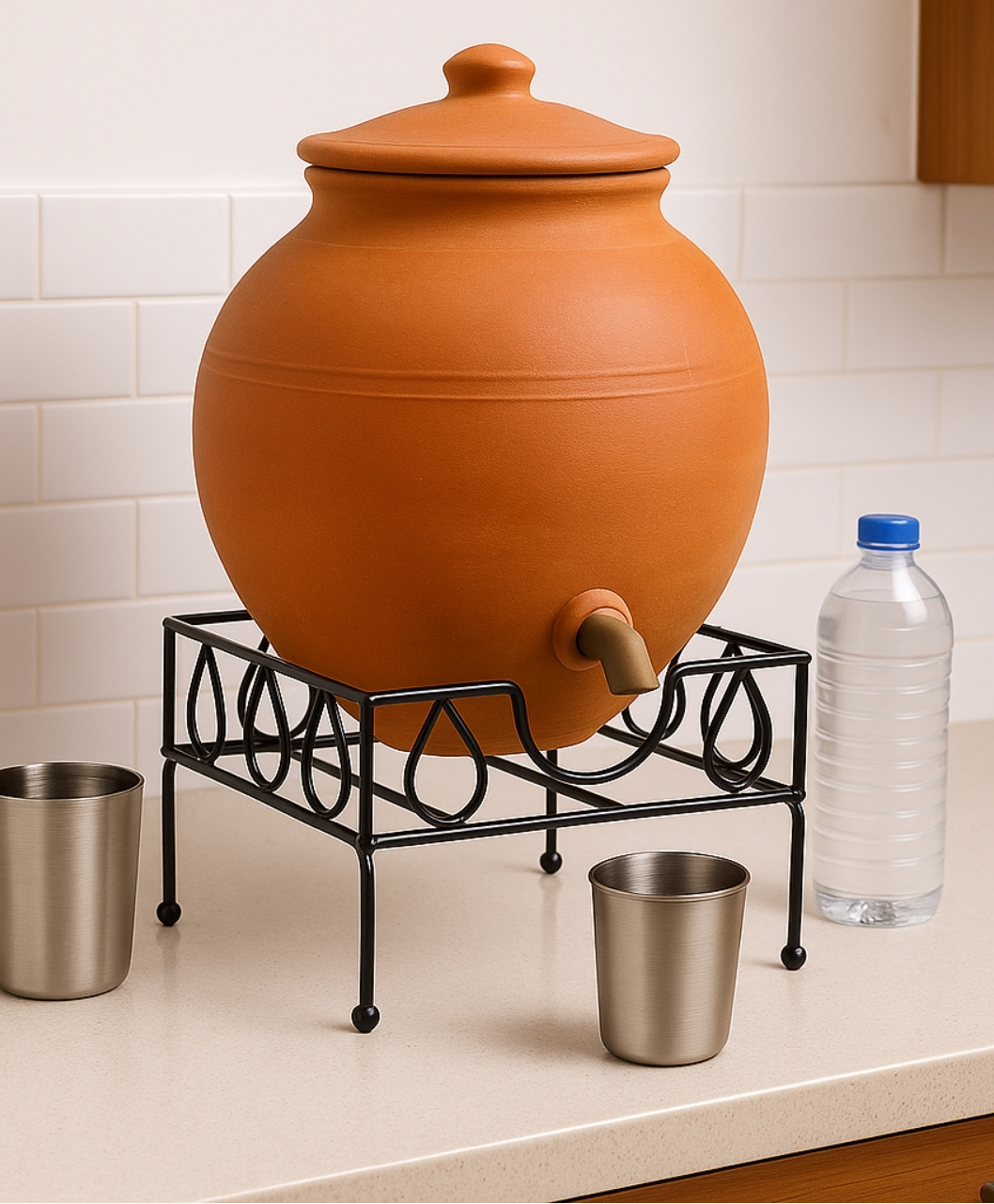 Ecofynd Square Heavy Matka Stand for Kitchen, Water Pot Stand, Terracotta Stand for Kitchen Utensils, Multipurpose Dispenser Rack, Pot Stand, Jar Holder, (PS047-BLK)