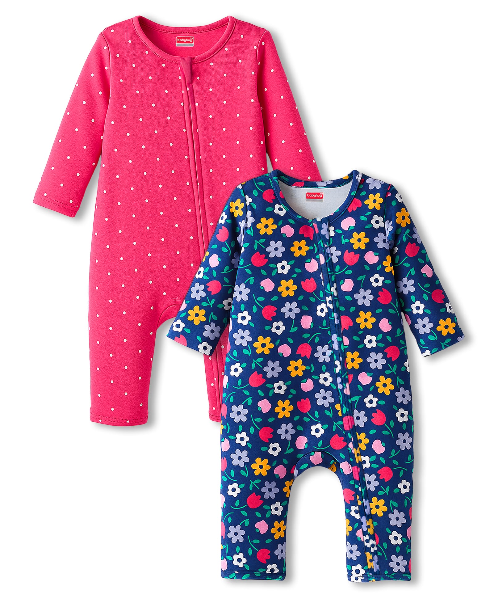 Babyhug 100% Cotton Knit Full Sleeves Rompers With Floral & Polka Dot Print Pack of 2 - Navy Blue & Pink-image-46