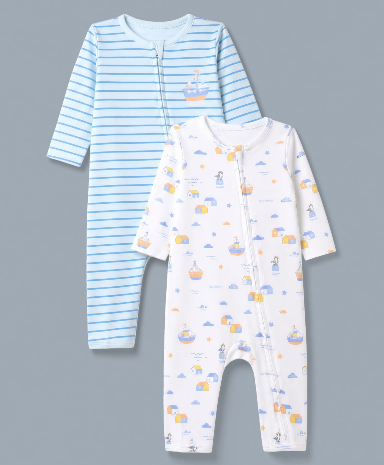 Babyhug 100% Cotton Interlock Knit Romper With Nautical Theme Print Pack of 2 - Blue & White-image-41
