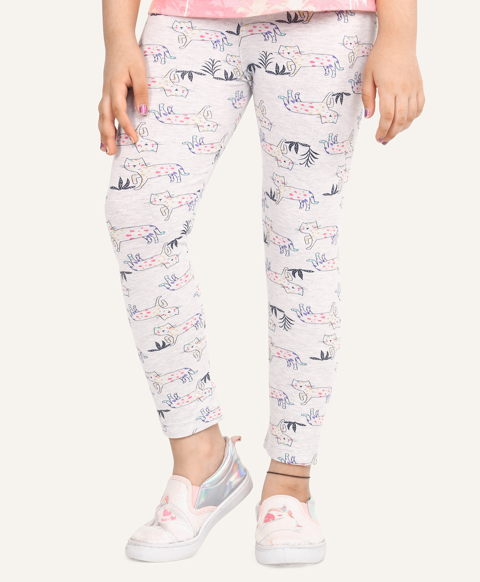 Ariel Cotton Knit Kittens Printed Leggings - Grey-image-46