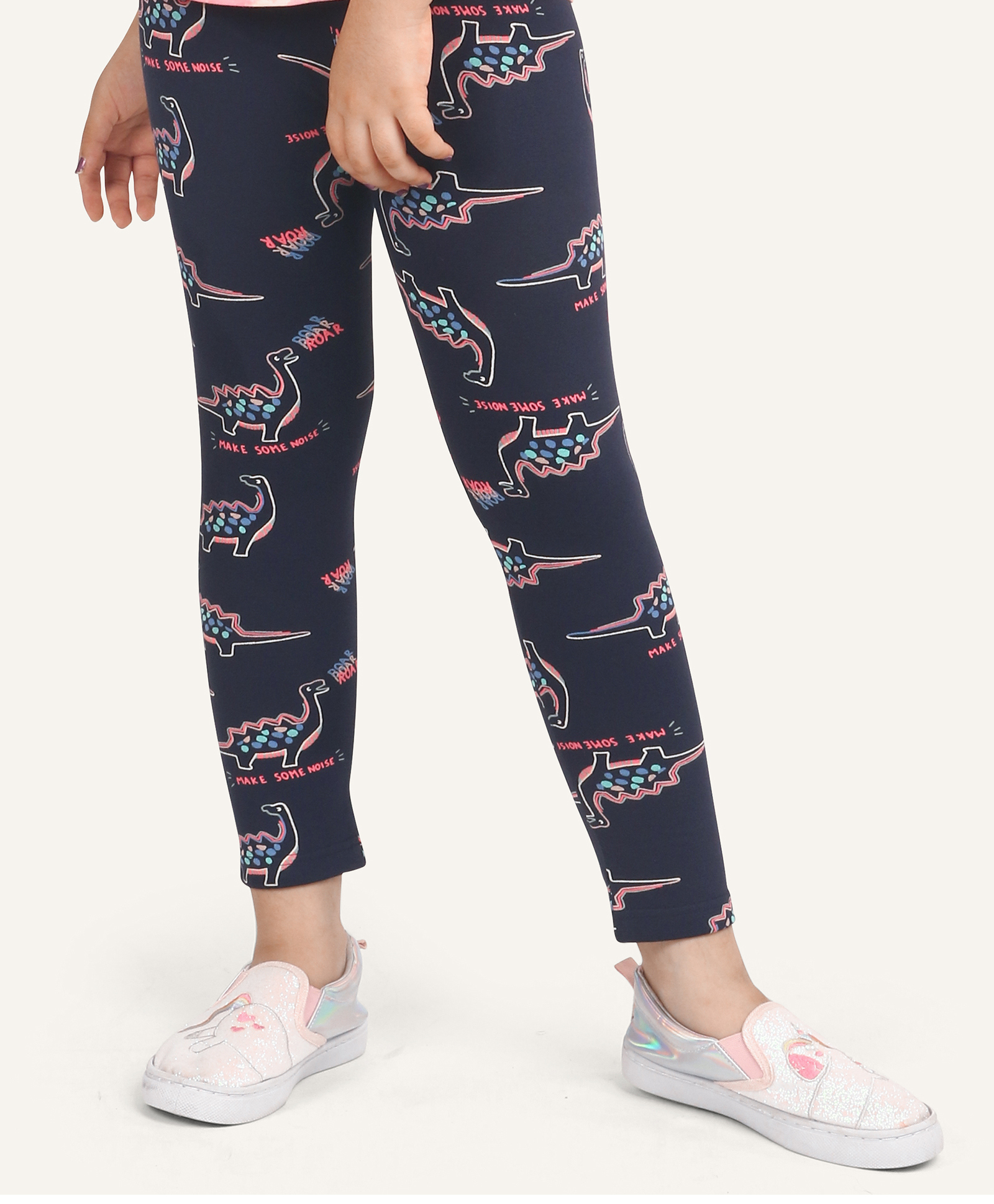 Ariel Cotton Knit Dinosaurs Typography Printed Leggings - Black-image-32