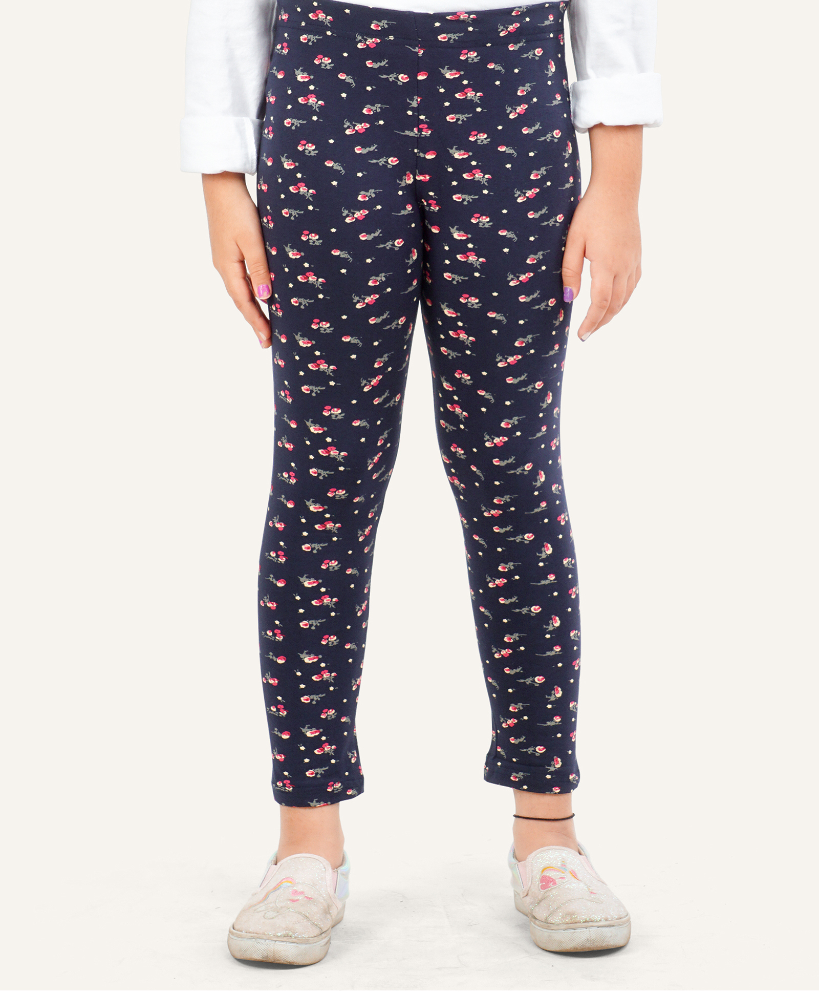 Ariel Cotton Knit Floral Printed Leggings - Navy Blue-image-25