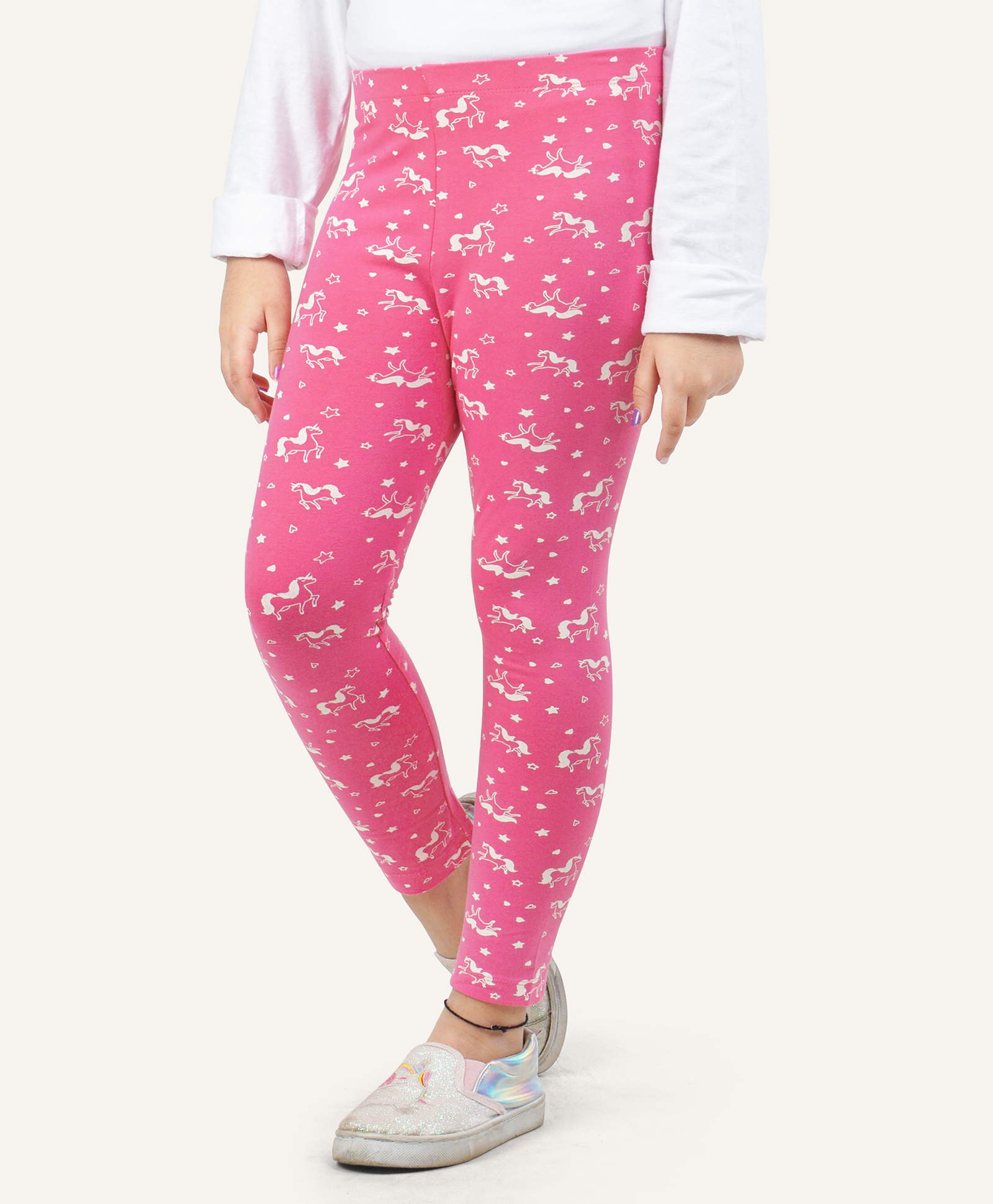 Ariel Cotton Knit Unicorns & Stars Printed Leggings - Pink-picture-24