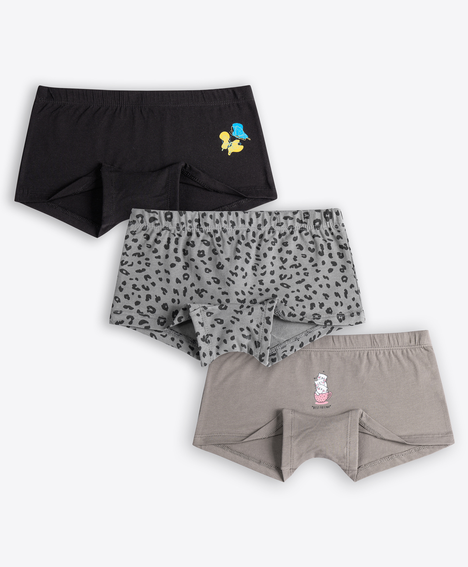 Ariel Cotton Blend Knit Pack Of 3 Butterfly & Cats Printed Boy Shorts - Black & Grey-picture-10