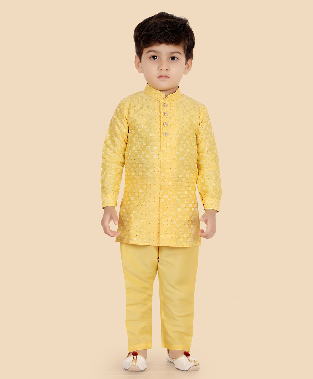 ETHNIKS NEURON Silk Woven Full Sleeves Checked Embroidered Sequins Embellished Kurta Pyjama Set - Golden-image-45
