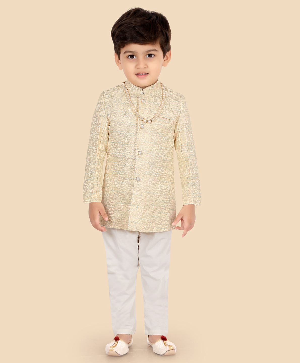 ETHNIKS NEURON Silk Woven Full Sleeves Geometric Embroidered Jodhpuri Pant Set - Cream-image-49