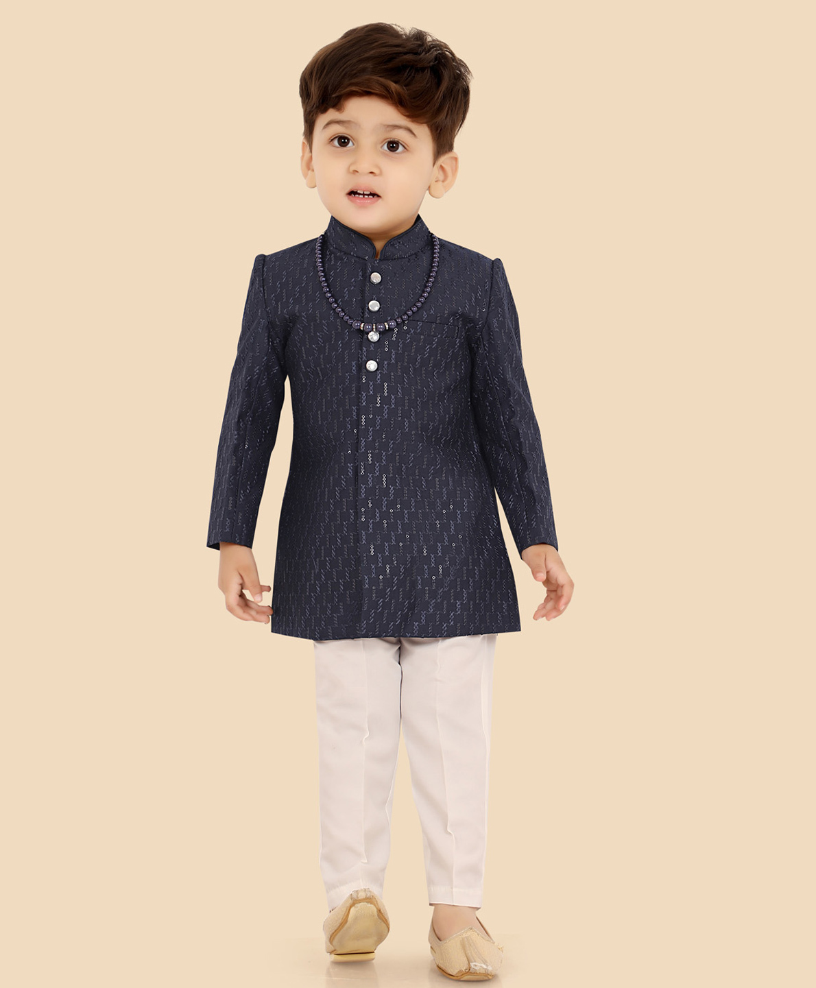 ETHNIKS NEURON Dupion Silk Woven Full Sleeves Sequins Embellished Threadwork Detailed Jodhpuri Pant Set - Navy Blue-image-28