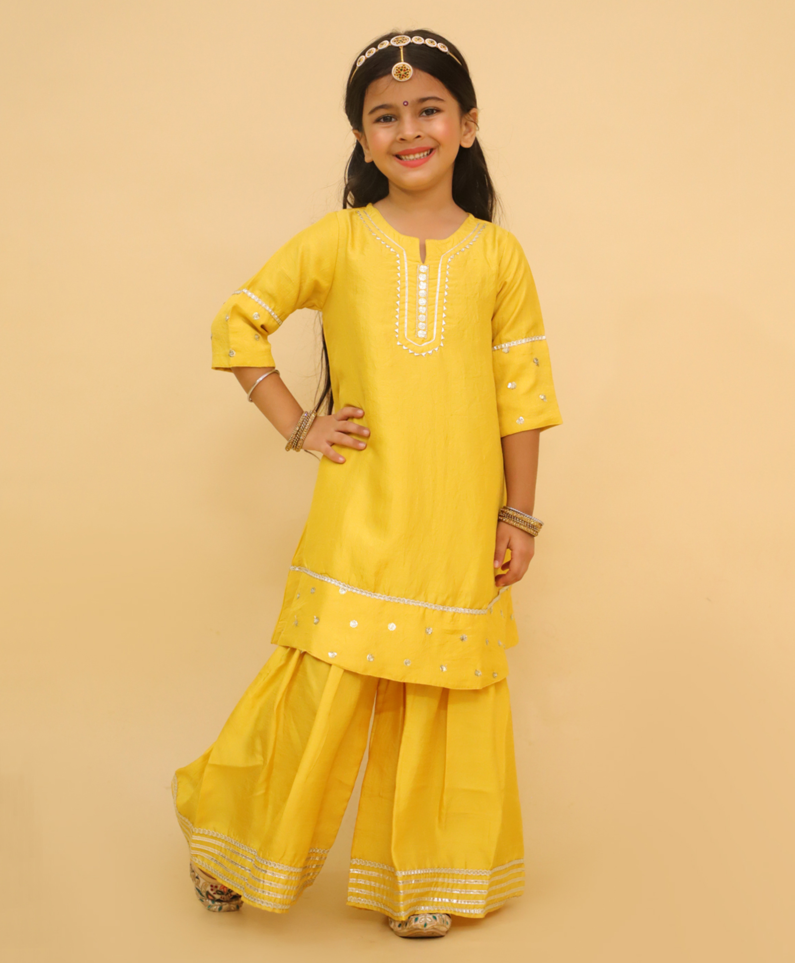 The Mom Store Silk Woven Three Fourth Sleeves Gota Lace Embellished Kurti Sharara Set - Yellow-picture-16