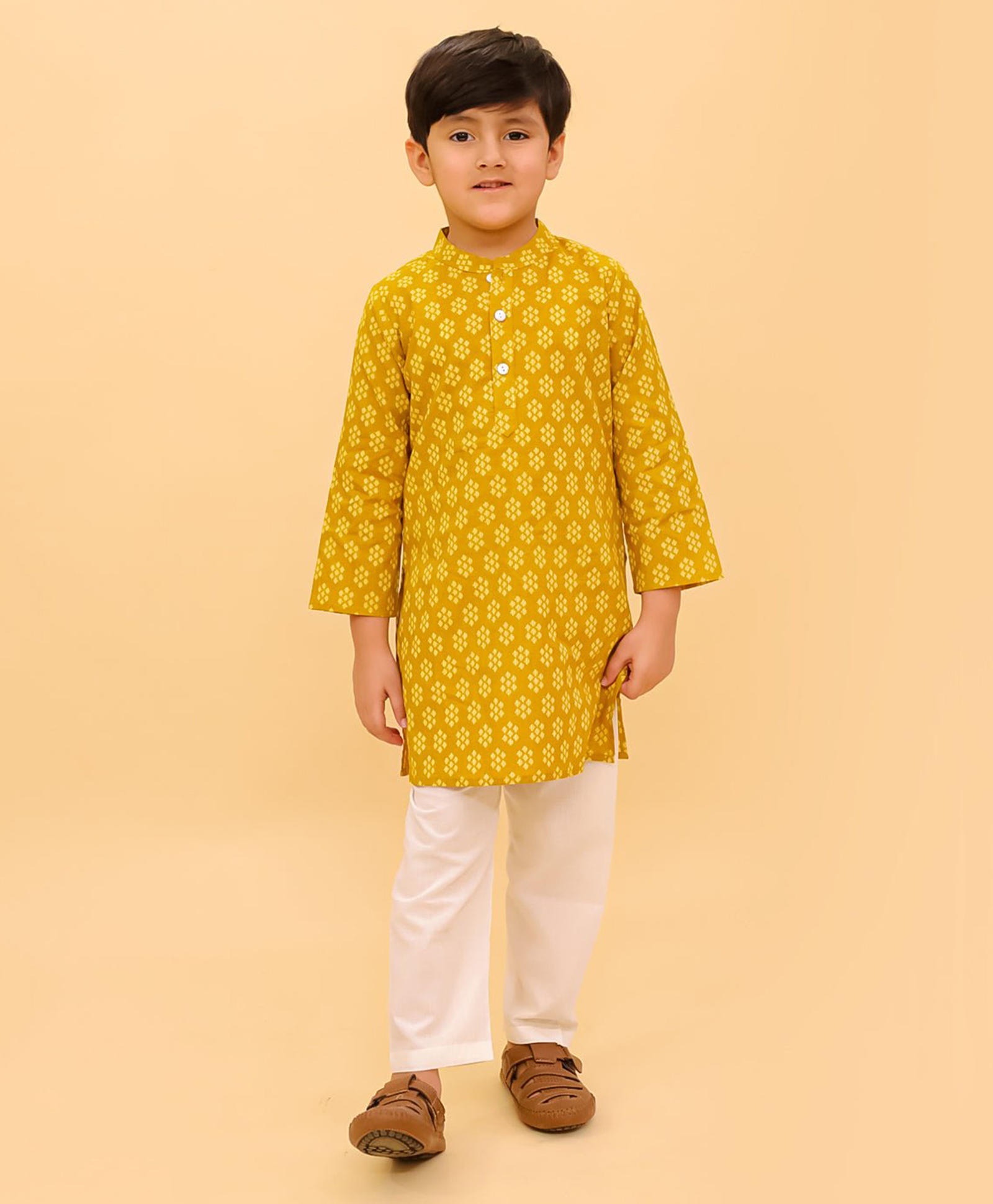 The Mom Store Cotton Woven Full Sleeves Geometric Motifs Printed Kurta Pyjama Set -Yellow-image-33