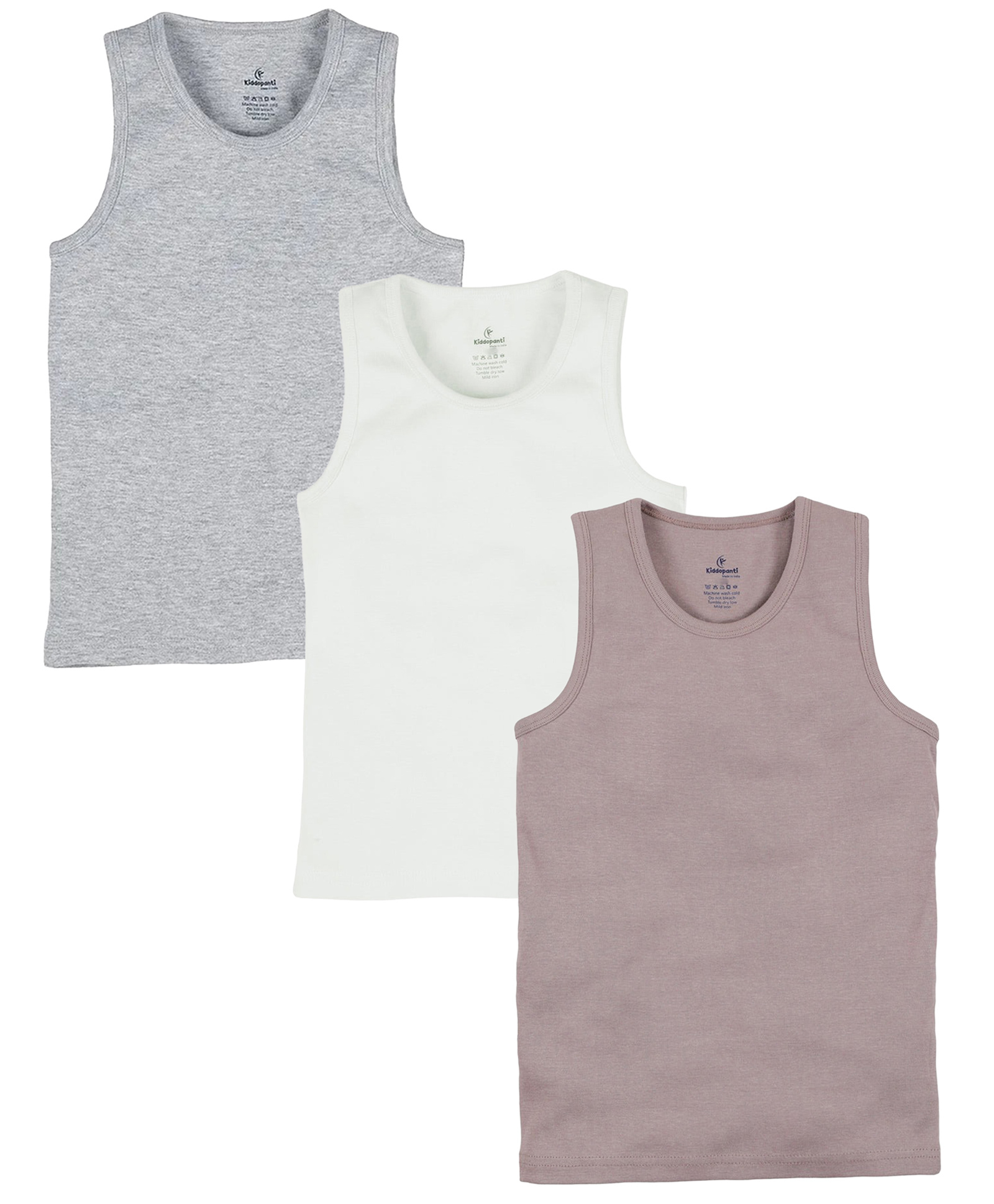 Kiddopanti Cotton Knit Pack of 3 Sleeveless Solid Vests - Brown White Grey & Melange-picture-23