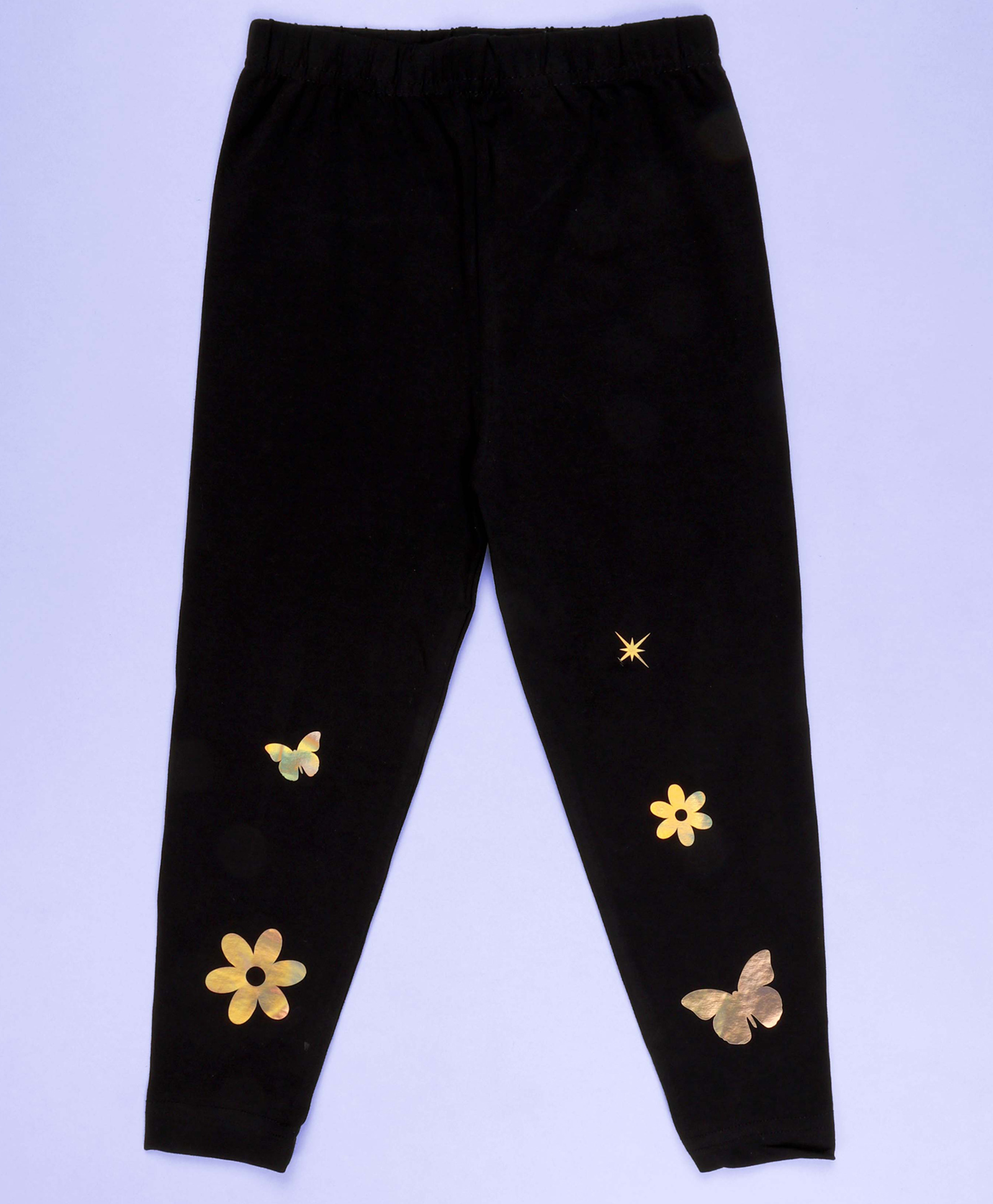 Kiddopanti Cotton Spandex Knit Solid Leggings With Floral & Butterfly Badges - Black-picture-39