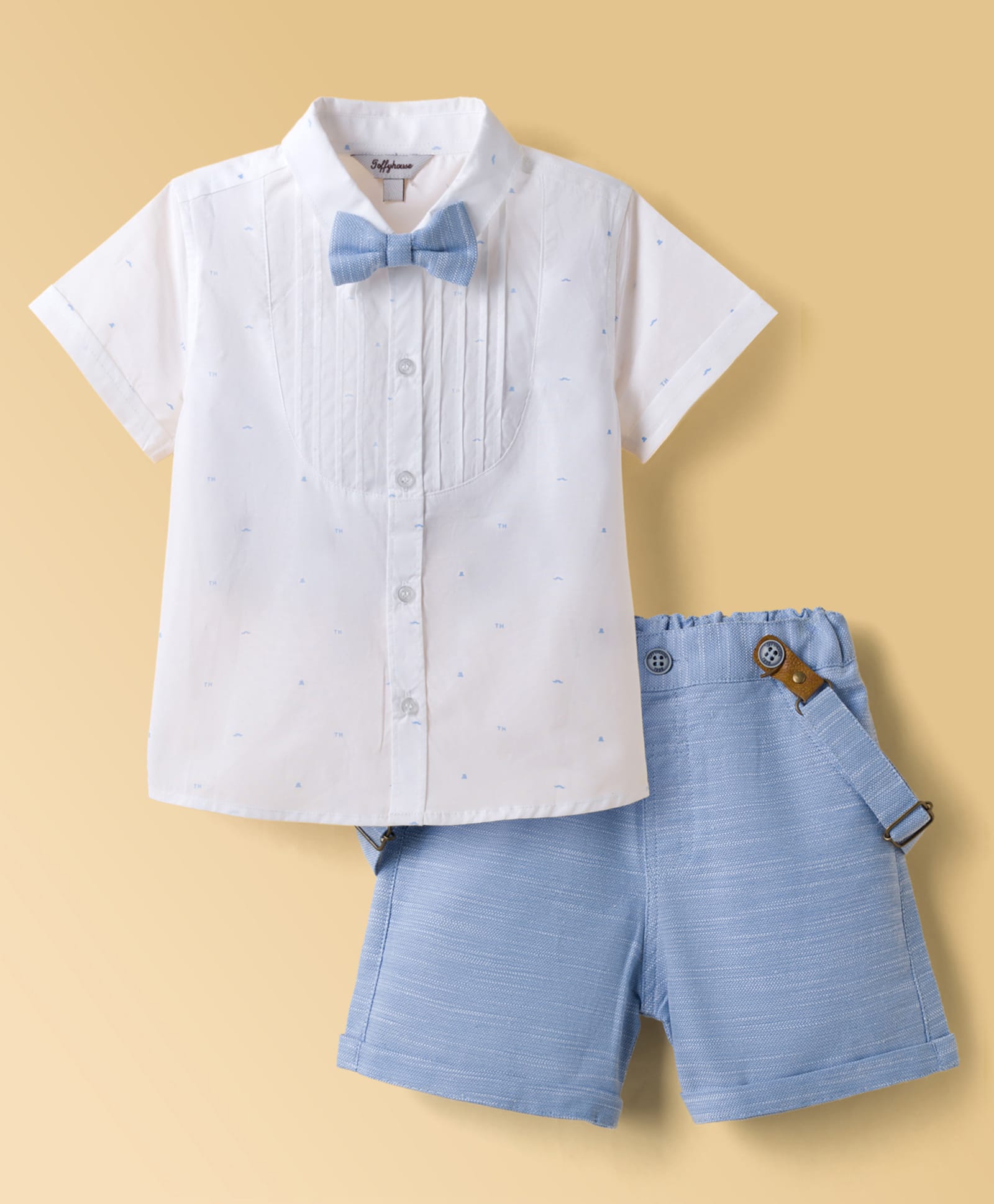 ToffyHouse Cotton Woven Half Sleeves Printed Shirt & Shorts Set With Pintuck Detailing Bow Suspender & Hat - Light Blue & White-picture-14