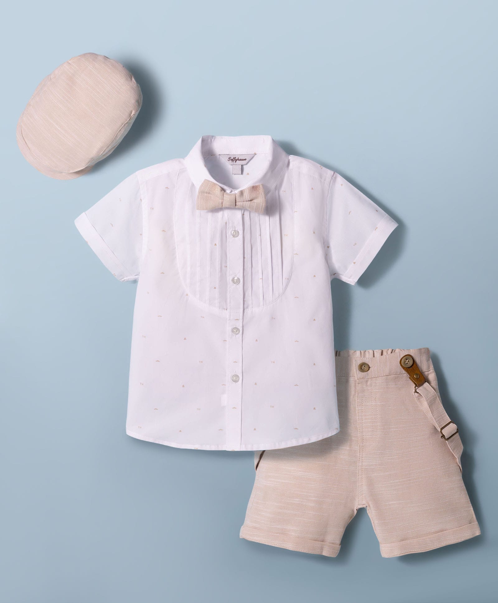 ToffyHouse Cotton Knit Half Sleeves Printed Party Shirt & Shorts with Bow Suspender & Hat - Beige & White-image-44