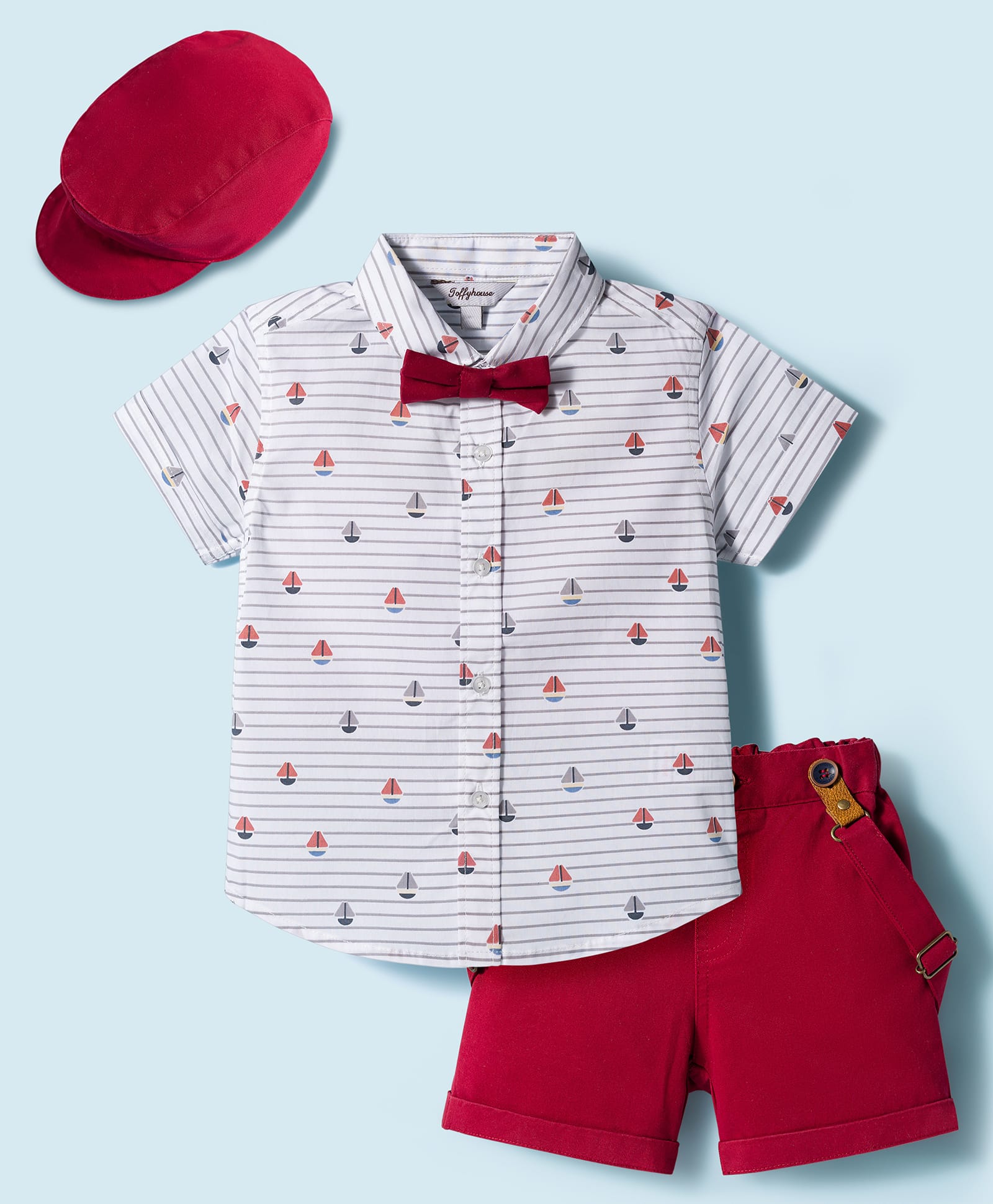 ToffyHouse Cotton Woven Half Sleeves Boat Printed Shirt & Shorts With Bow Suspender & Hat - White & Red-picture-24