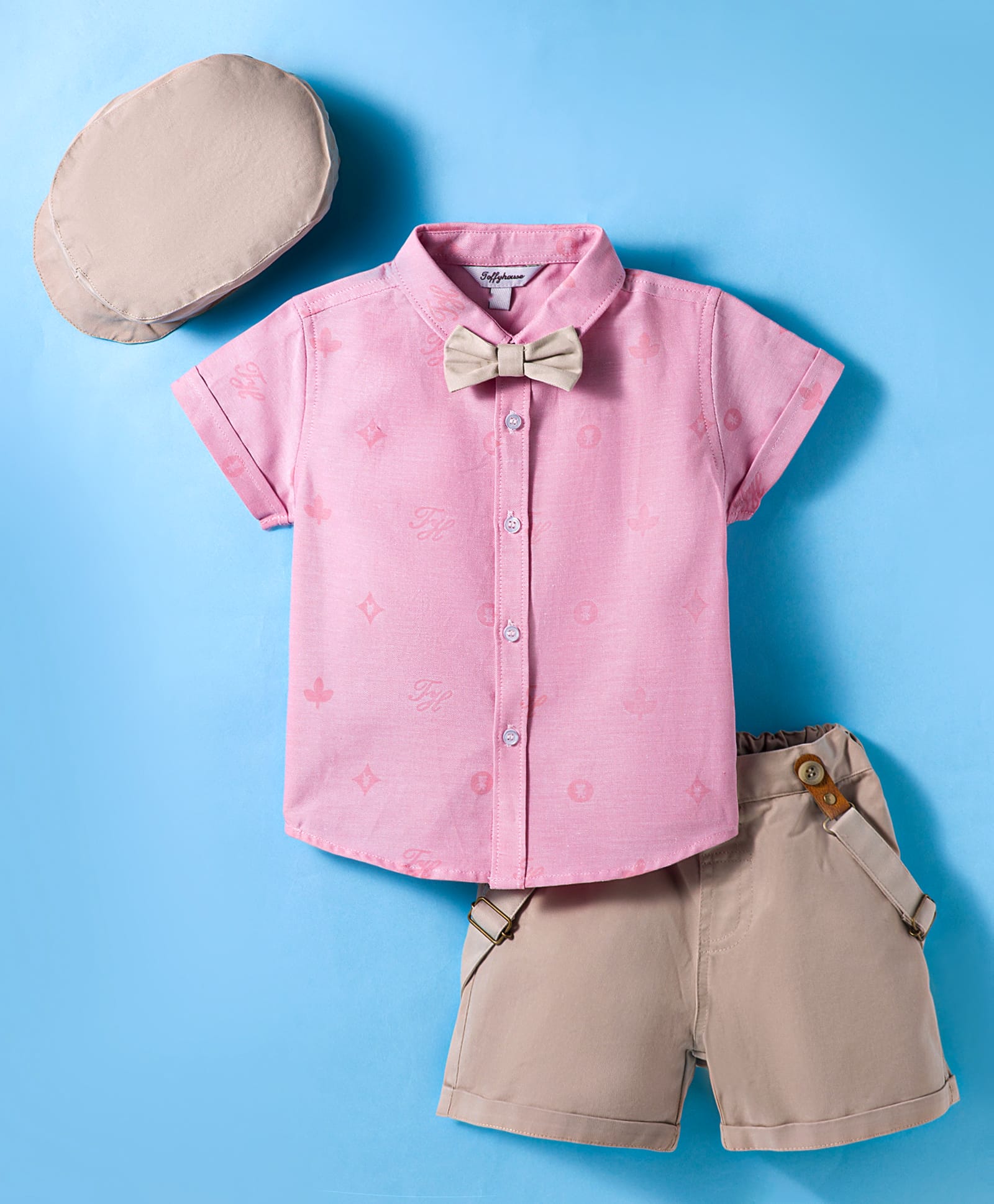 ToffyHouse Cotton Woven Half Sleeves Printed Shirt & Shorts With Bow Suspender & Hat - Light Grey-picture-22