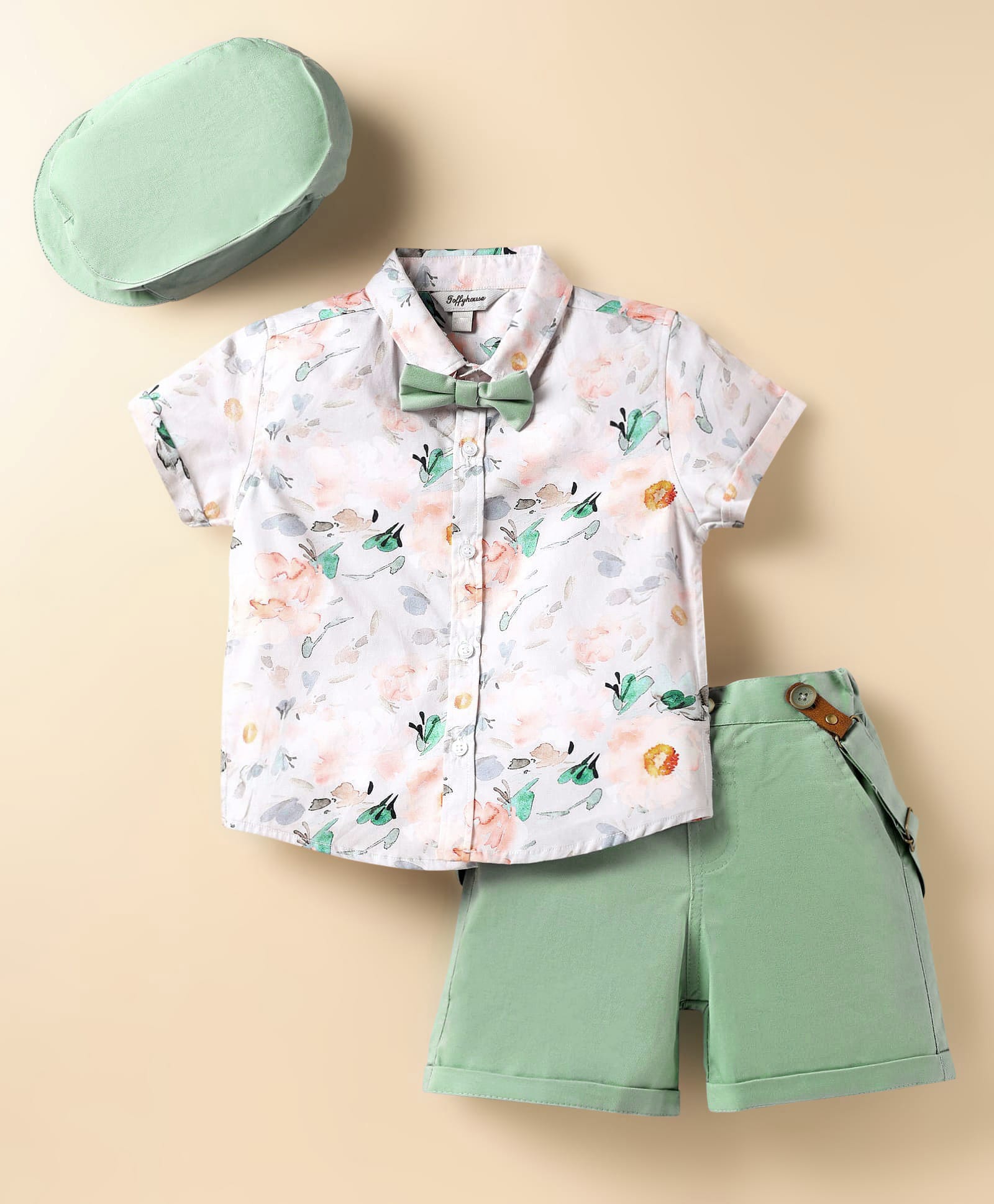 ToffyHouse 100% Cotton Woven Half Sleeves Floral Printed Party Shirt & Shorts Set With Suspender Bow & Hat - Sea Green-picture-16