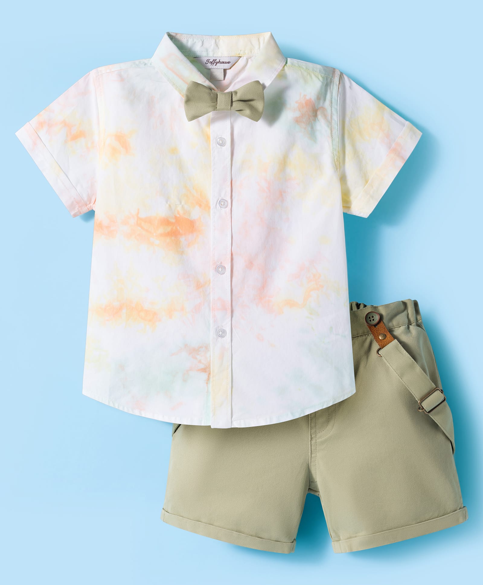 ToffyHouse Poplin Woven Half Sleeves Tie & Dye Shirt & Shorts Set with Bow & Suspender - Green & White-image-25