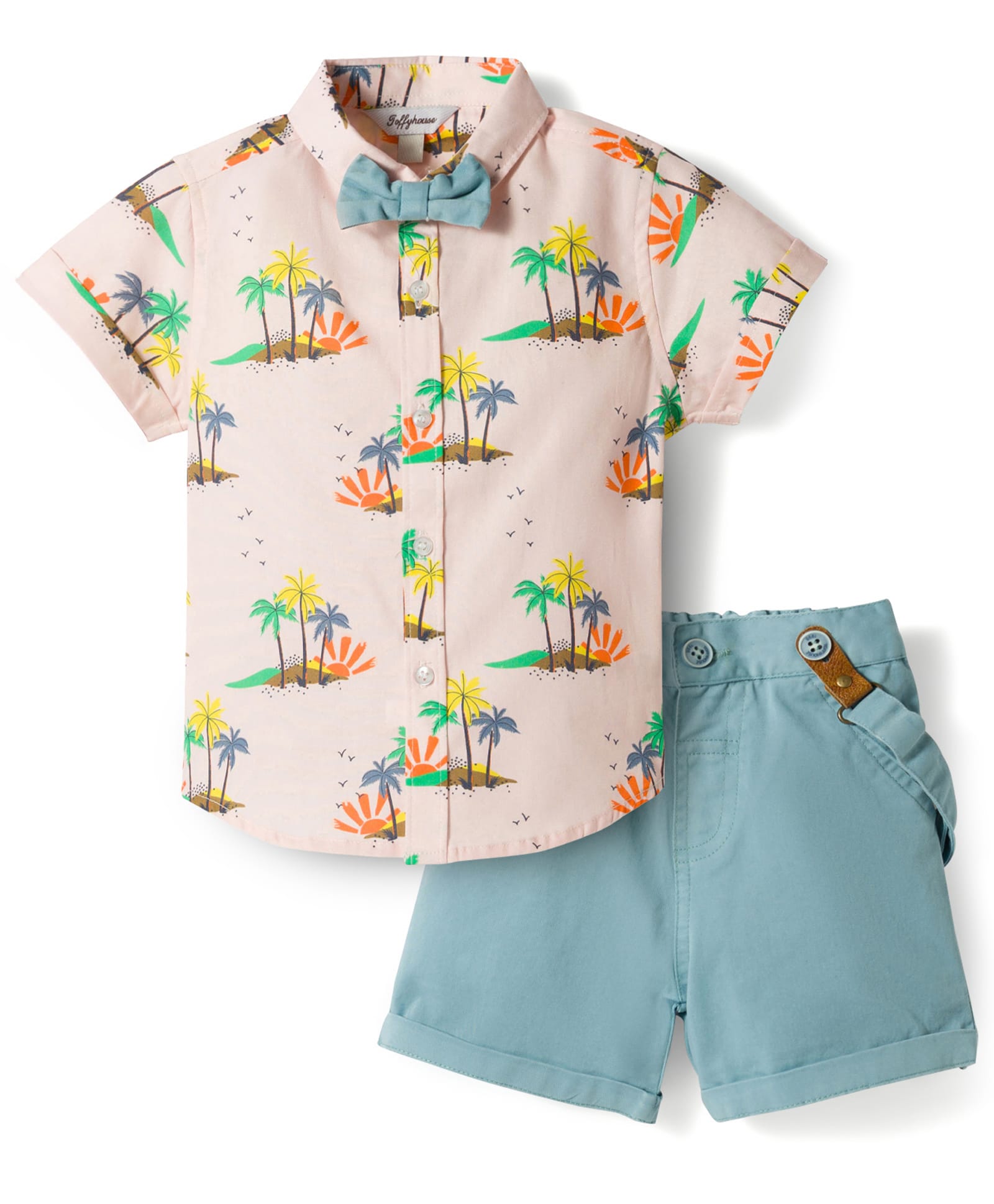 ToffyHouse Poplin Woven Half Sleeves Tree Printed Party Shirt & Shorts Set With Bow & Suspender - Light Blue-picture-27