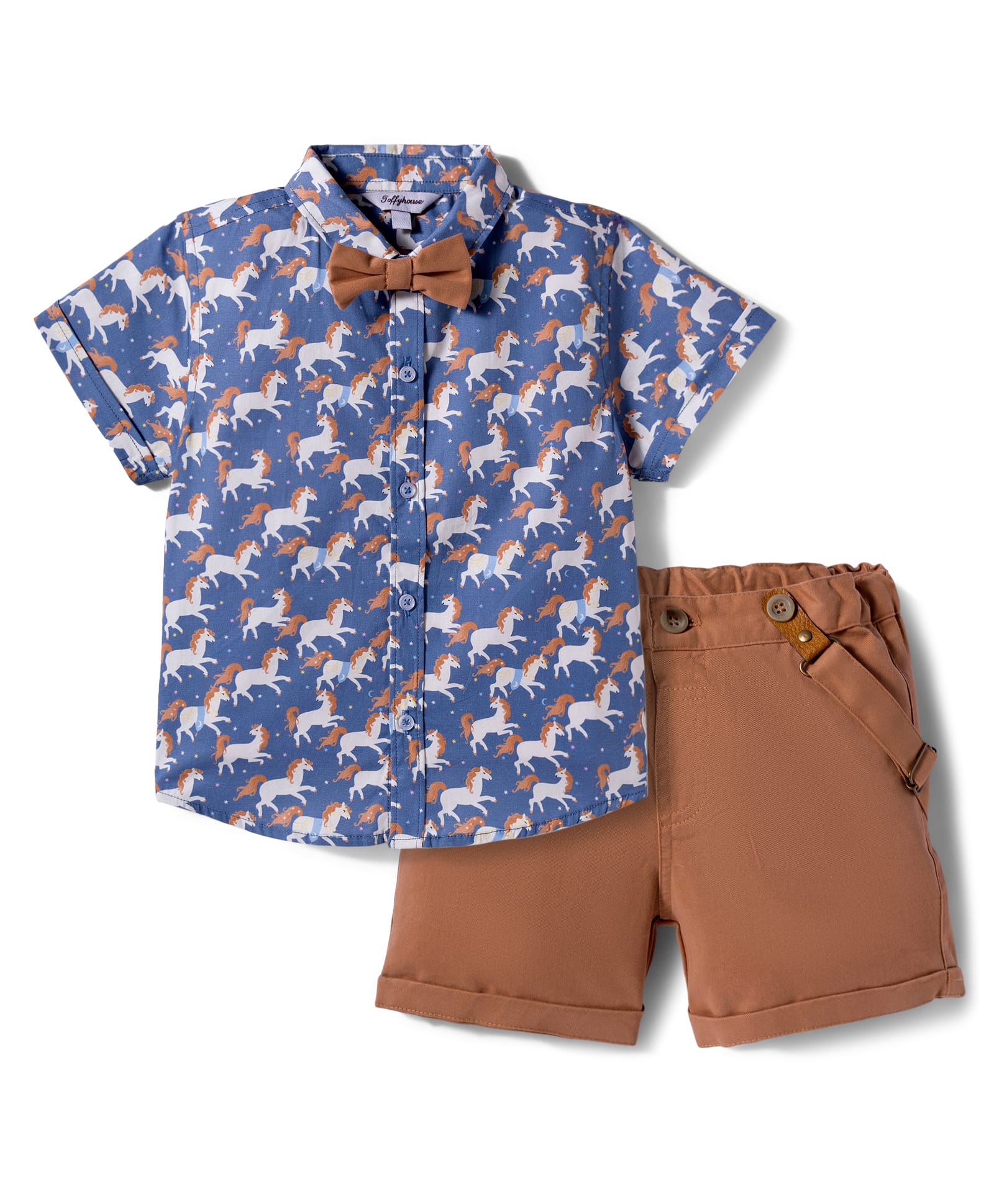 ToffyHouse Poplin Woven Half Sleeves Unicorn Printed Party Shirt & Shorts Set with Bow & Suspender - Brown-picture-19