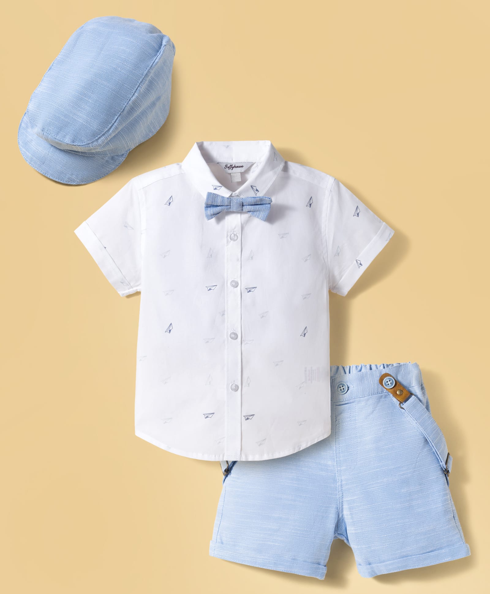 ToffyHouse Cotton Woven Half Sleeves Paper Plane Printed Shirt & Shorts With Bow Suspender & Hat - Light Blue & White-picture-13