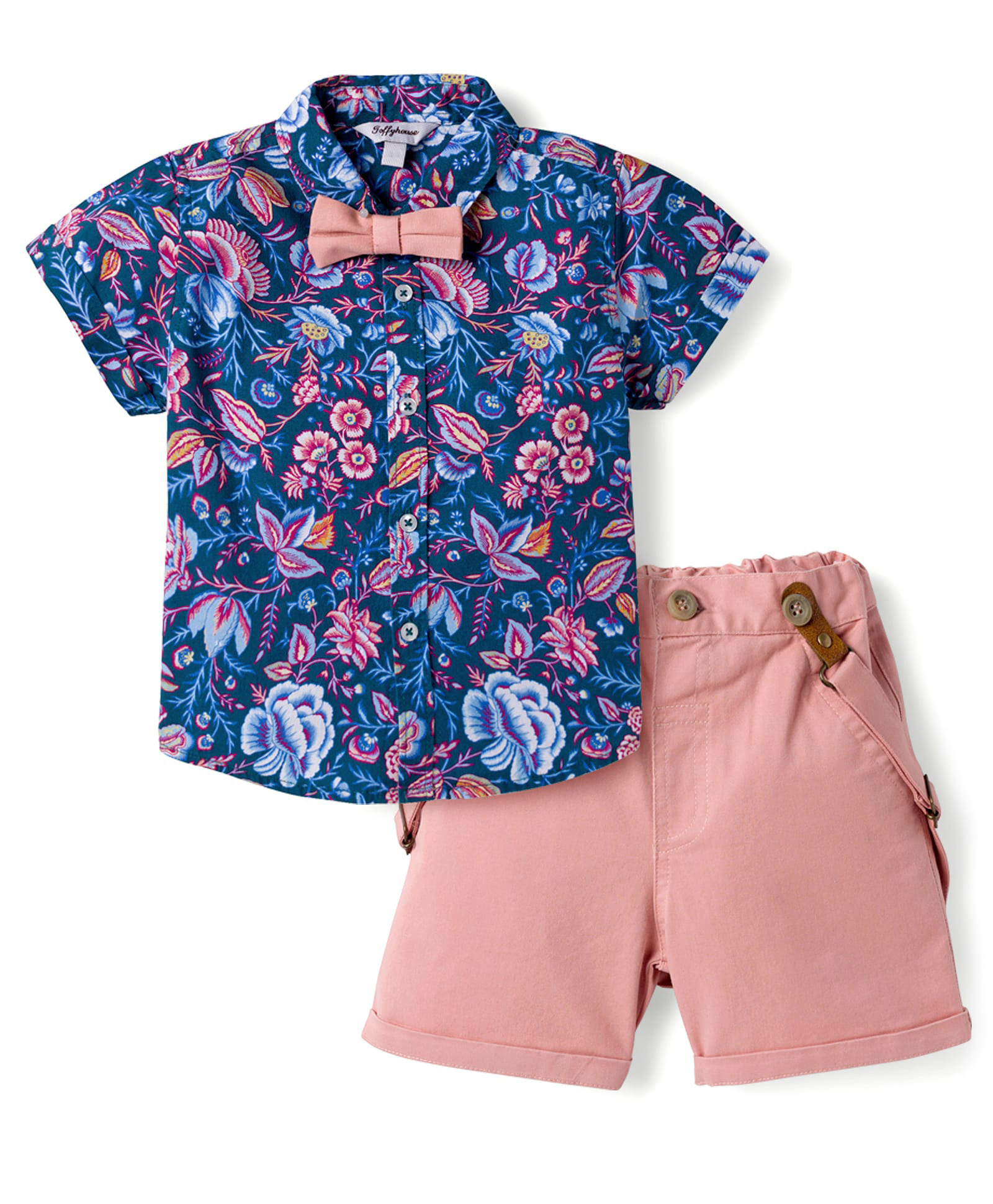 ToffyHouse Cotton Woven Half Sleeves Party Shirt & Shorts With Bow & Suspender with Floral Print - Light Red & Navy Blue-picture-13