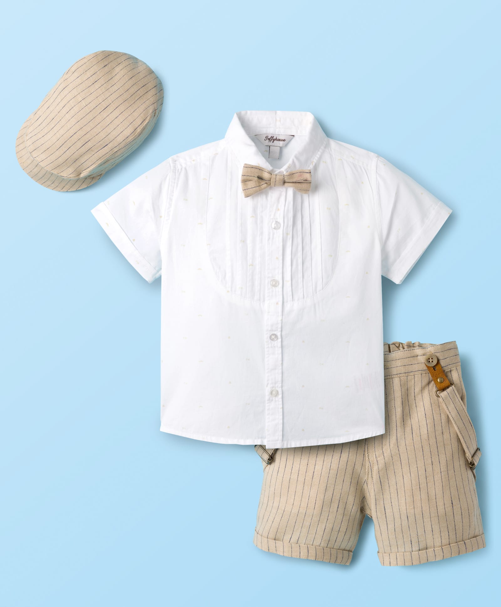 ToffyHouse Cotton Woven Half Sleeves Printed Party Shirt & Striped Shorts Set with Bow Suspender & Hat - Beige & White-picture-18