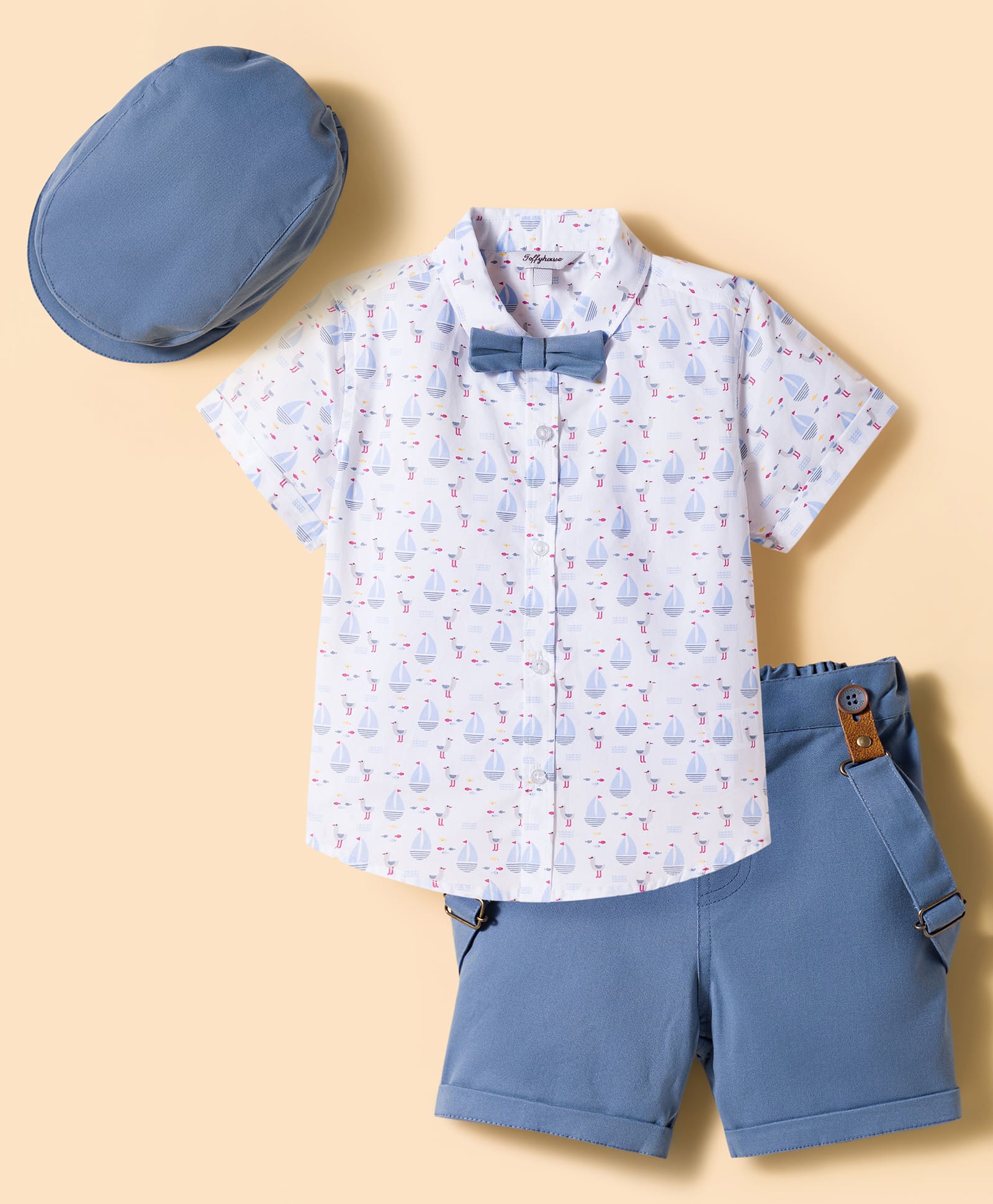 ToffyHouse Poplin Woven Half Sleeves Nautical Theme Printed Shirt & Shorts Set with Bow Cap & Suspender - White & Light Grey-picture-18