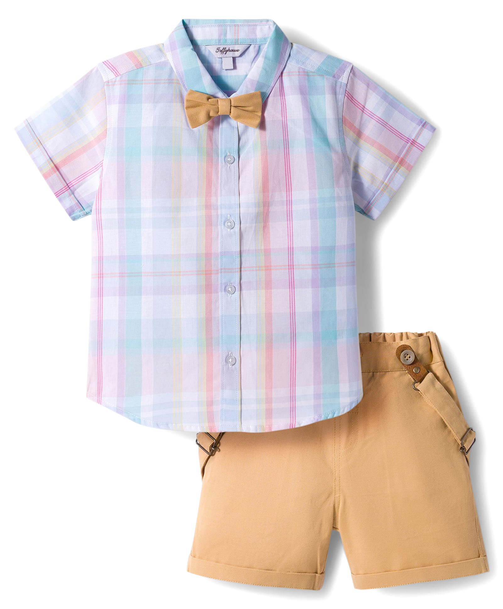ToffyHouse Poplin Woven Half Sleeves Checks Shirt & Shorts With Bow & Suspender - Multicolour-picture-19