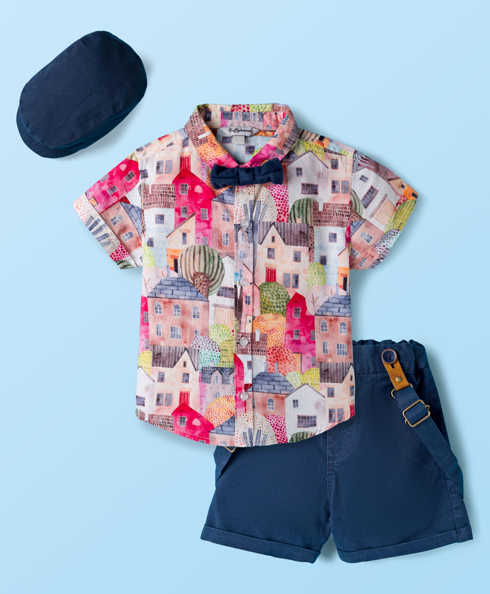 ToffyHouse Cotton Woven Half Sleeves Printed Party Shirt & Shorts Set With Bow Suspender & Hat - Multicolor-image-1