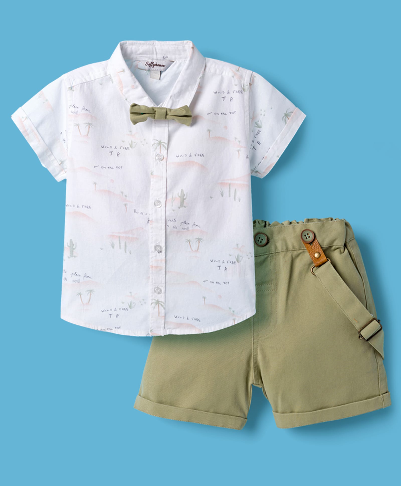 ToffyHouse Poplin Woven Half Sleeves Party Shirt & Short Set with Bow & Suspender with Beach Theme Print - Olive Green & White-picture-14