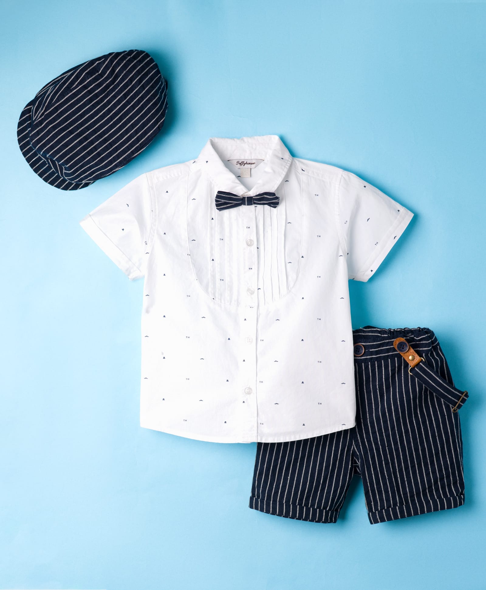 ToffyHouse Cotton Knit Half Sleeves Printed Shirt & Striped Short Set With Bow Suspender & Cap - White & Navy Blue-image-12