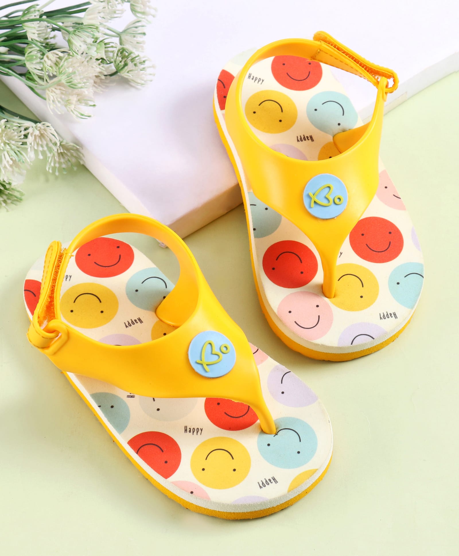 Babyoye Velcro Closure Flip Flops With Smile Print - Yellow