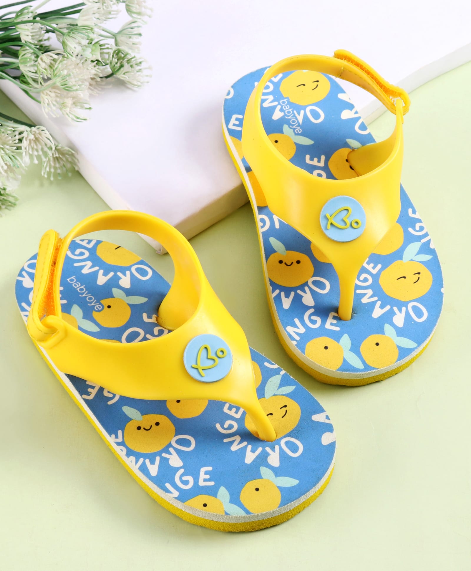 Babyoye Velcro Closure Orange Printed Flip Flop - Yellow & Blue-image-1