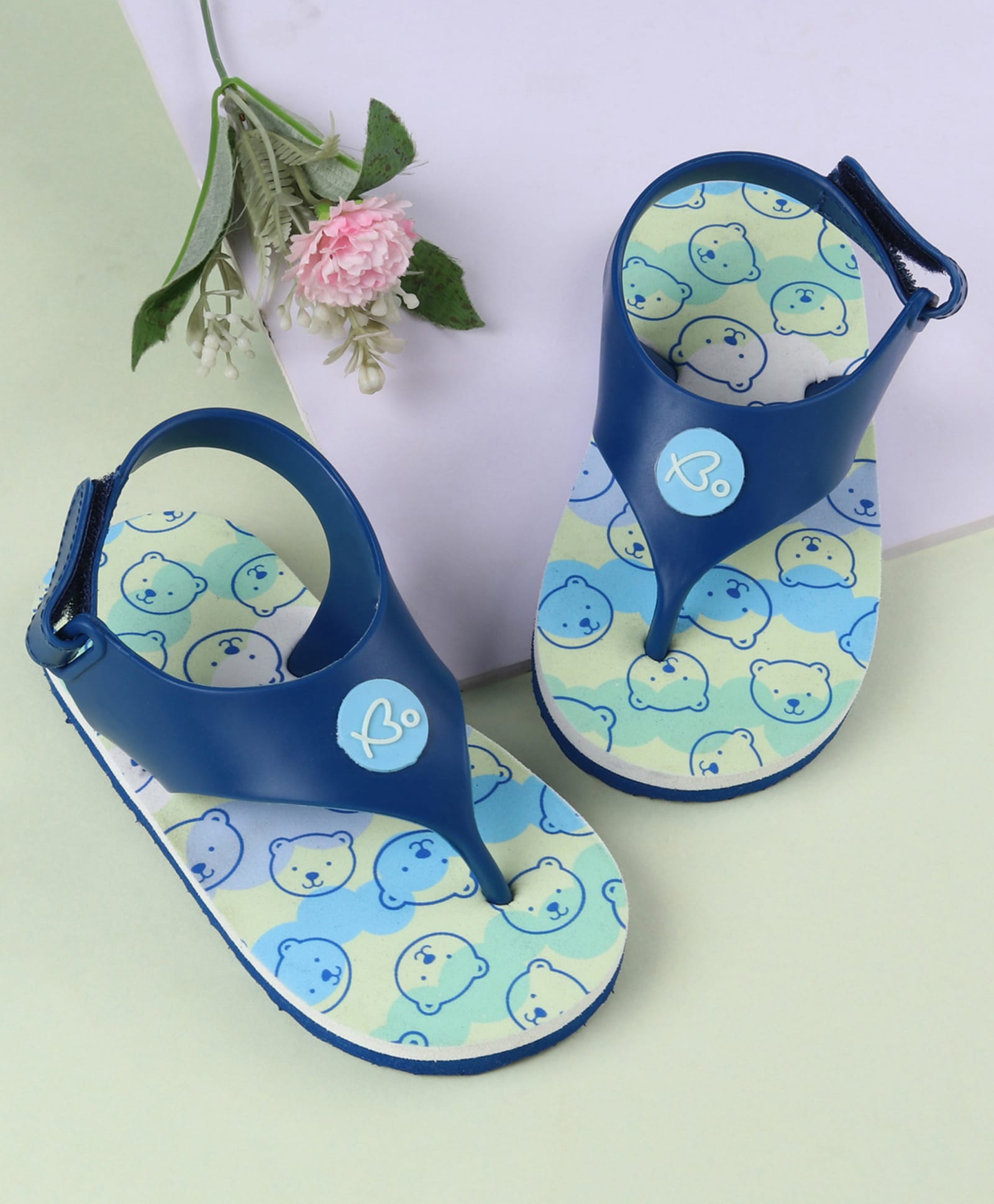 Babyoye Velcro Closure Flip Flops With Teddy Bear Print - Blue
