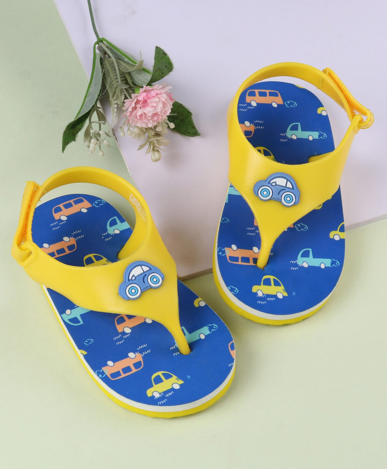 Babyoye Velcro Closure Flip Flops With Car Print - Yellow & Blue