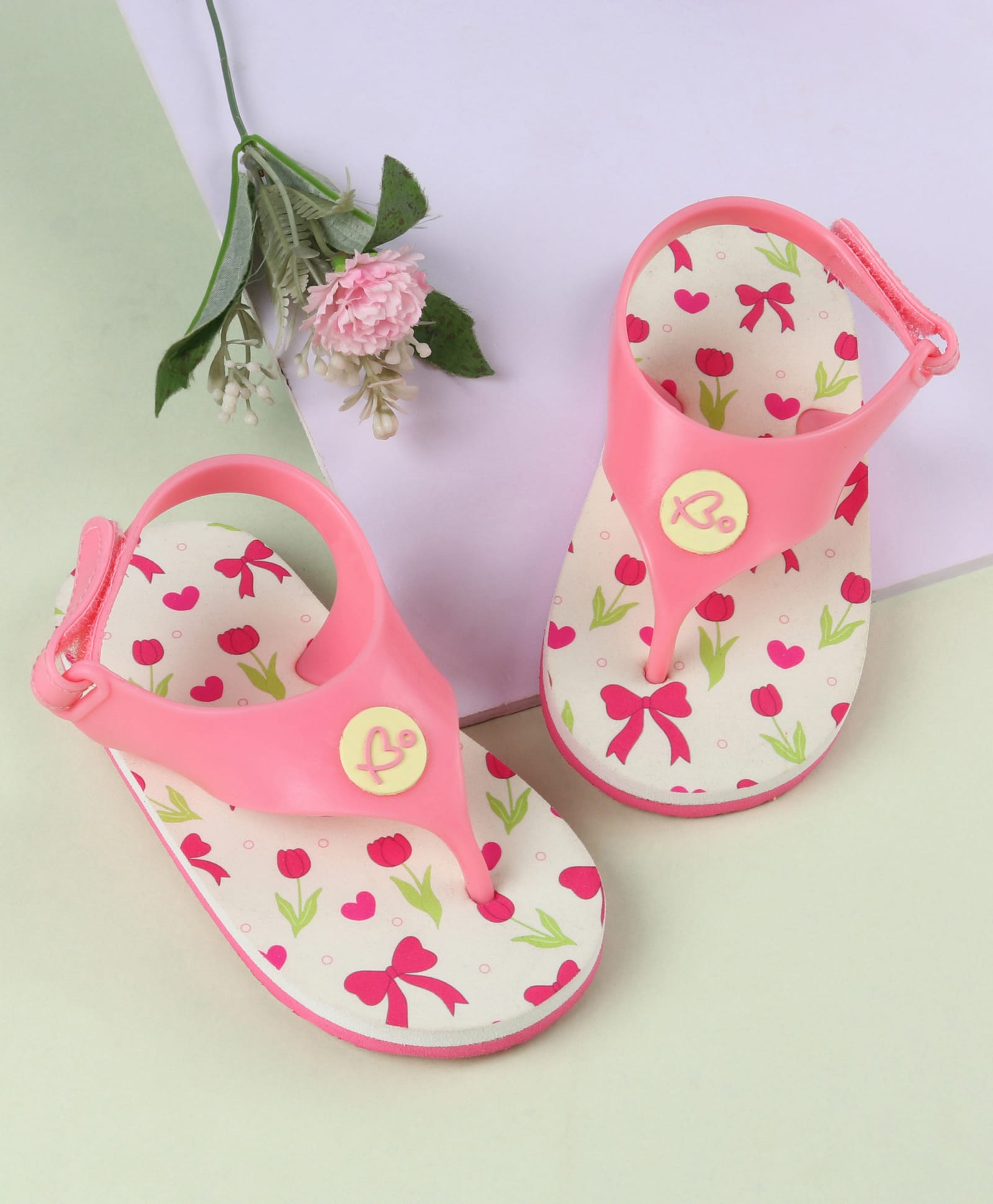 Babyoye Velcro Closure Flip Flops With Floral & Heart Print - Pink-picture-12