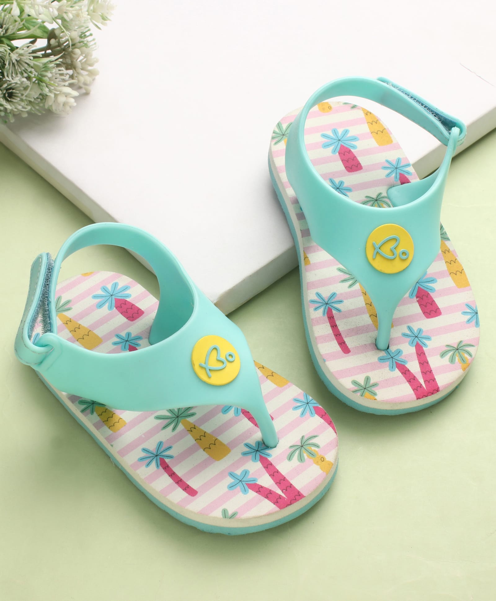 Babyoye Velcro Closure Flip Flops with Tree Print & Applique - Teal